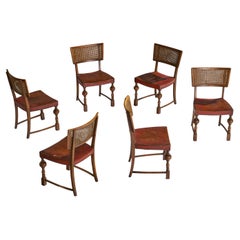 Danish Designer, Side Chairs, Oak, Cane, Leather, Denmark, 1930s