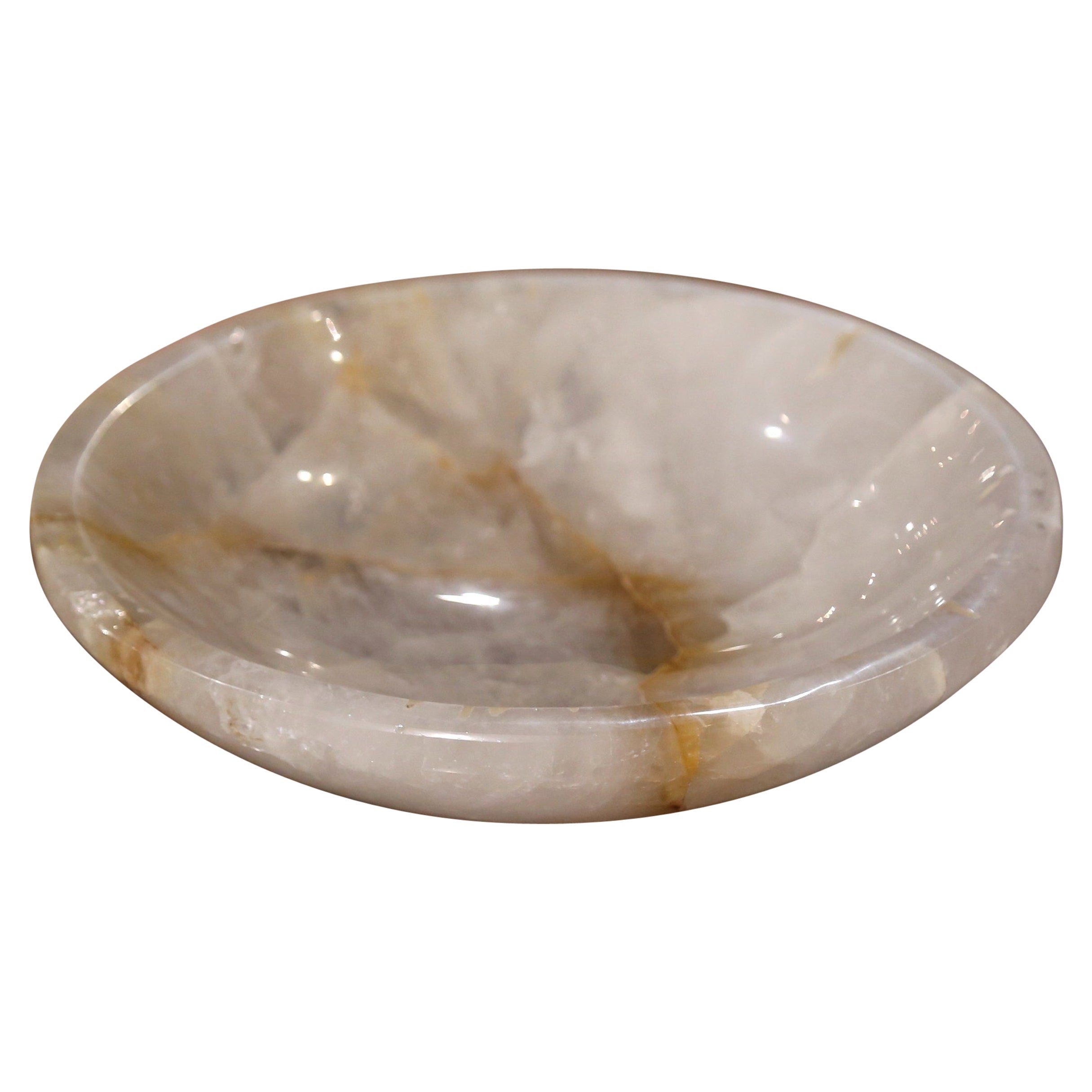 Hand Carved Round Rock Crystal Quartz Decorative Bowl Vide-Poche For Sale