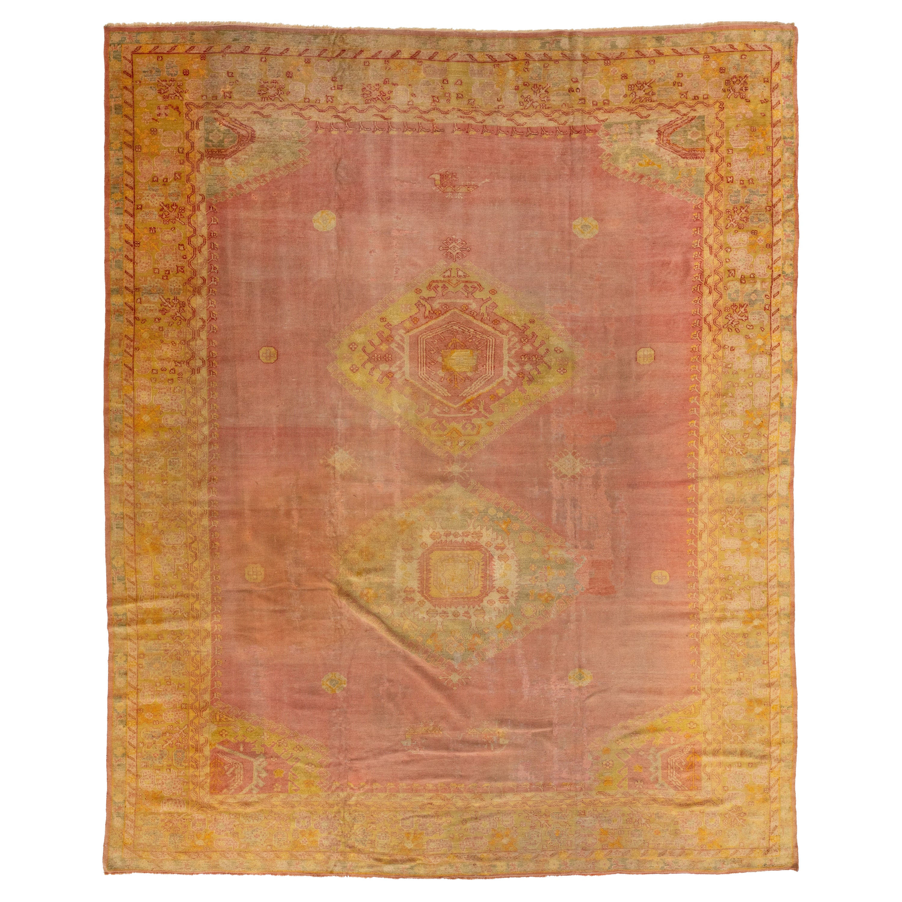 Antique Turkish Oushak Wool Rug Handmade In Terracotta Color
