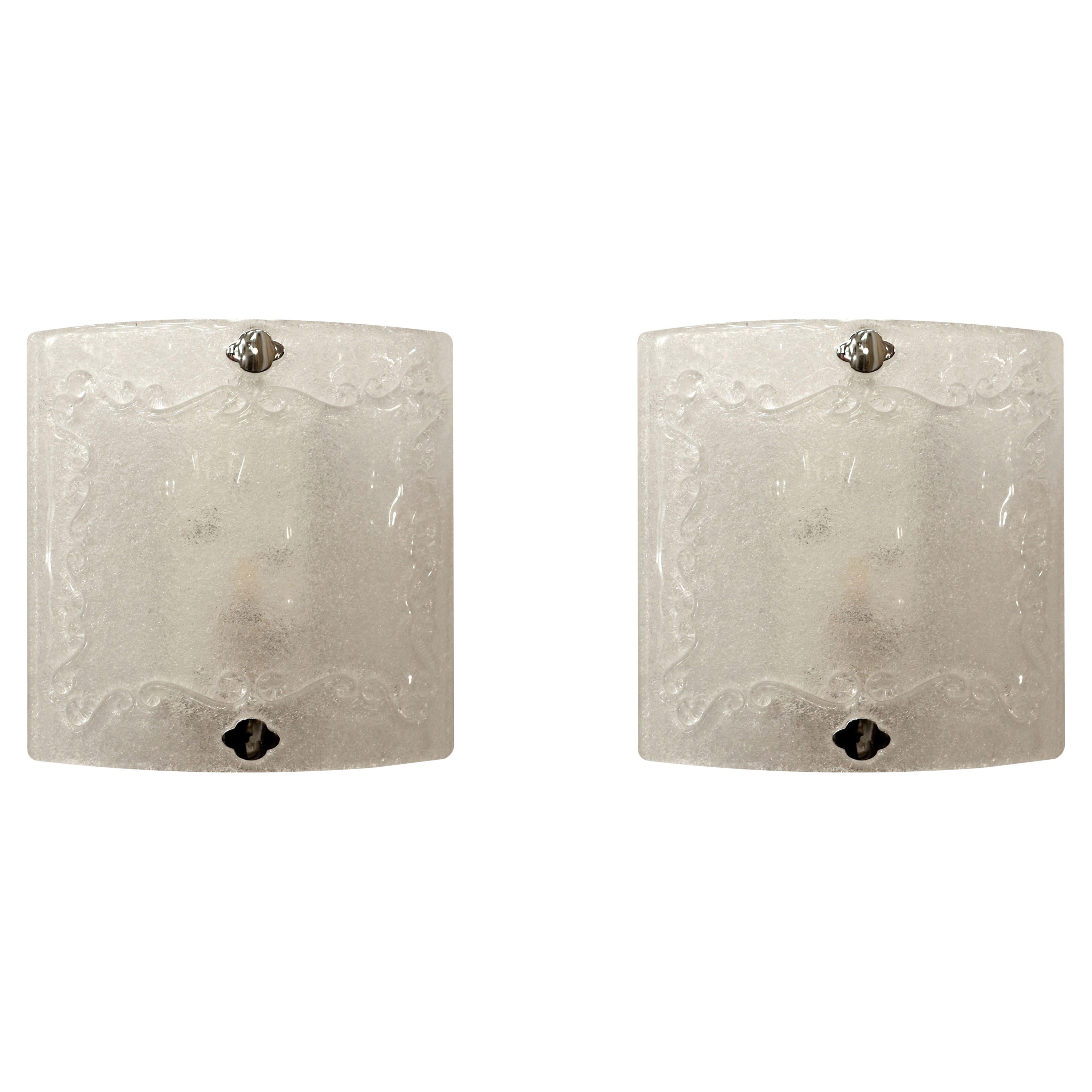 Pair Sandcast Frosted Curved Murano Glass Wall Sconces For Sale