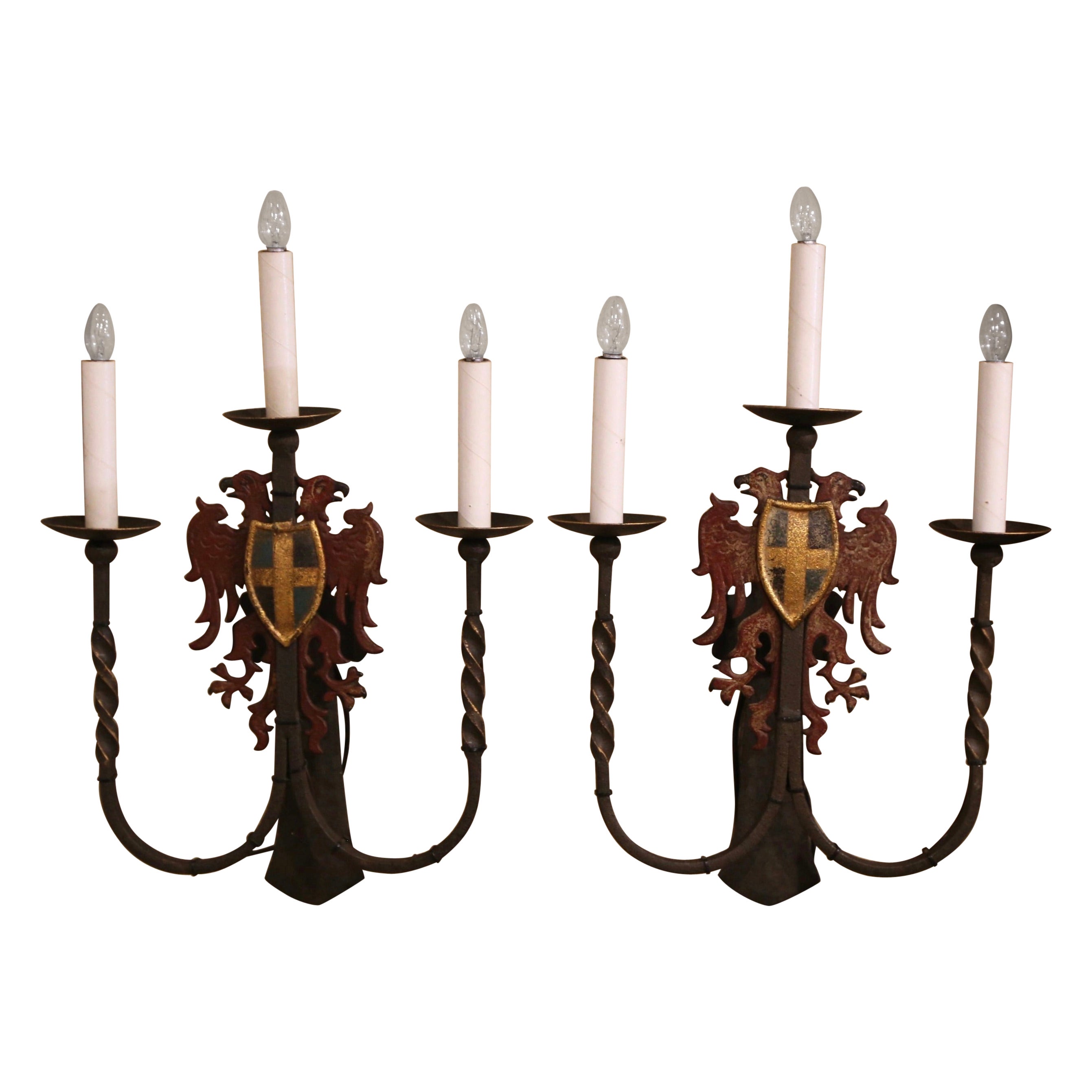 Pair of 19th Century French Gothic Painted Wrought Iron Three-Light Wall Sconces For Sale