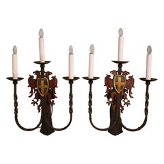 Antique Pair of 19th Century French Gothic Painted Wrought Iron Three-Light Wall Sconces