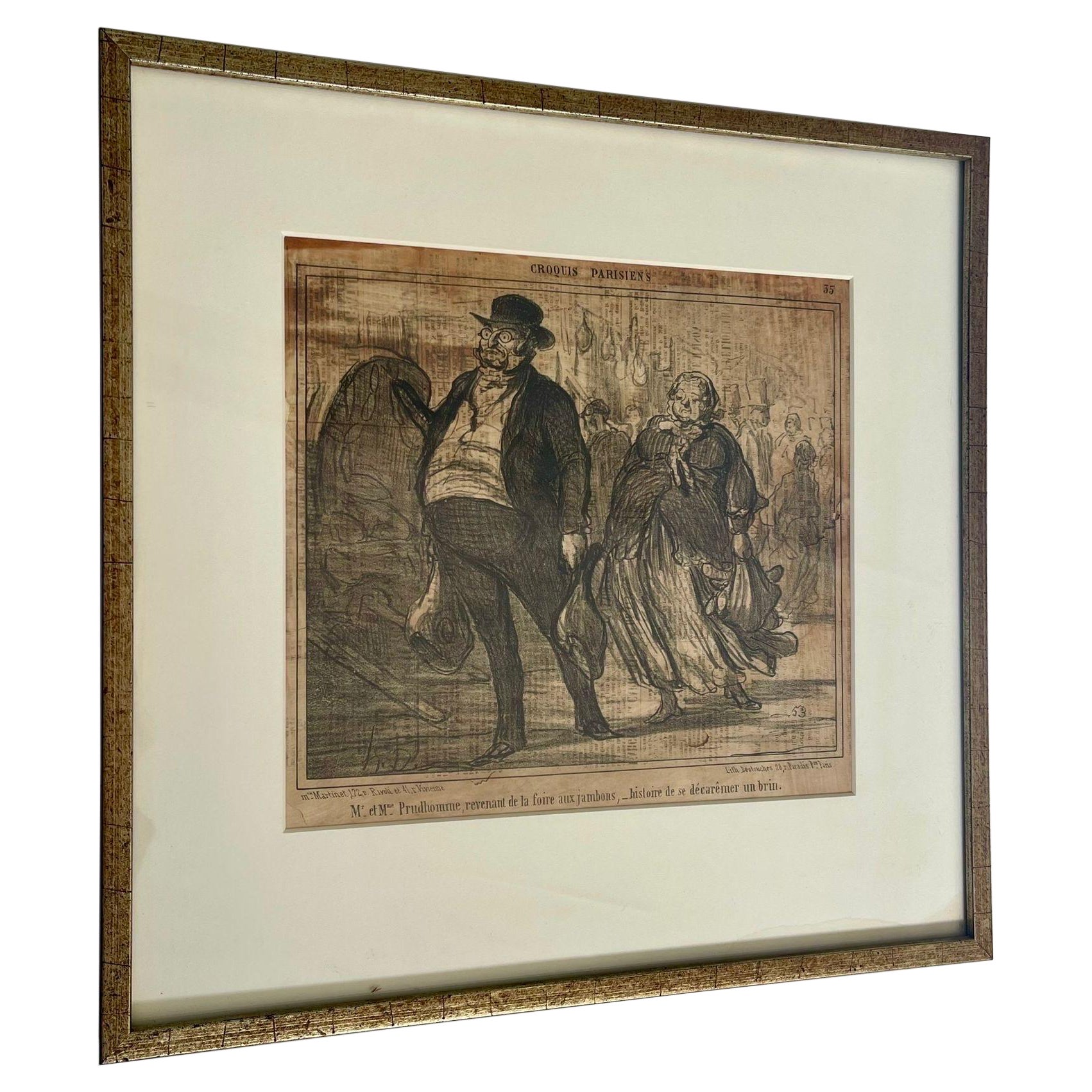 Lithographie vintage encadrée intitulée Honore Daumier en vente