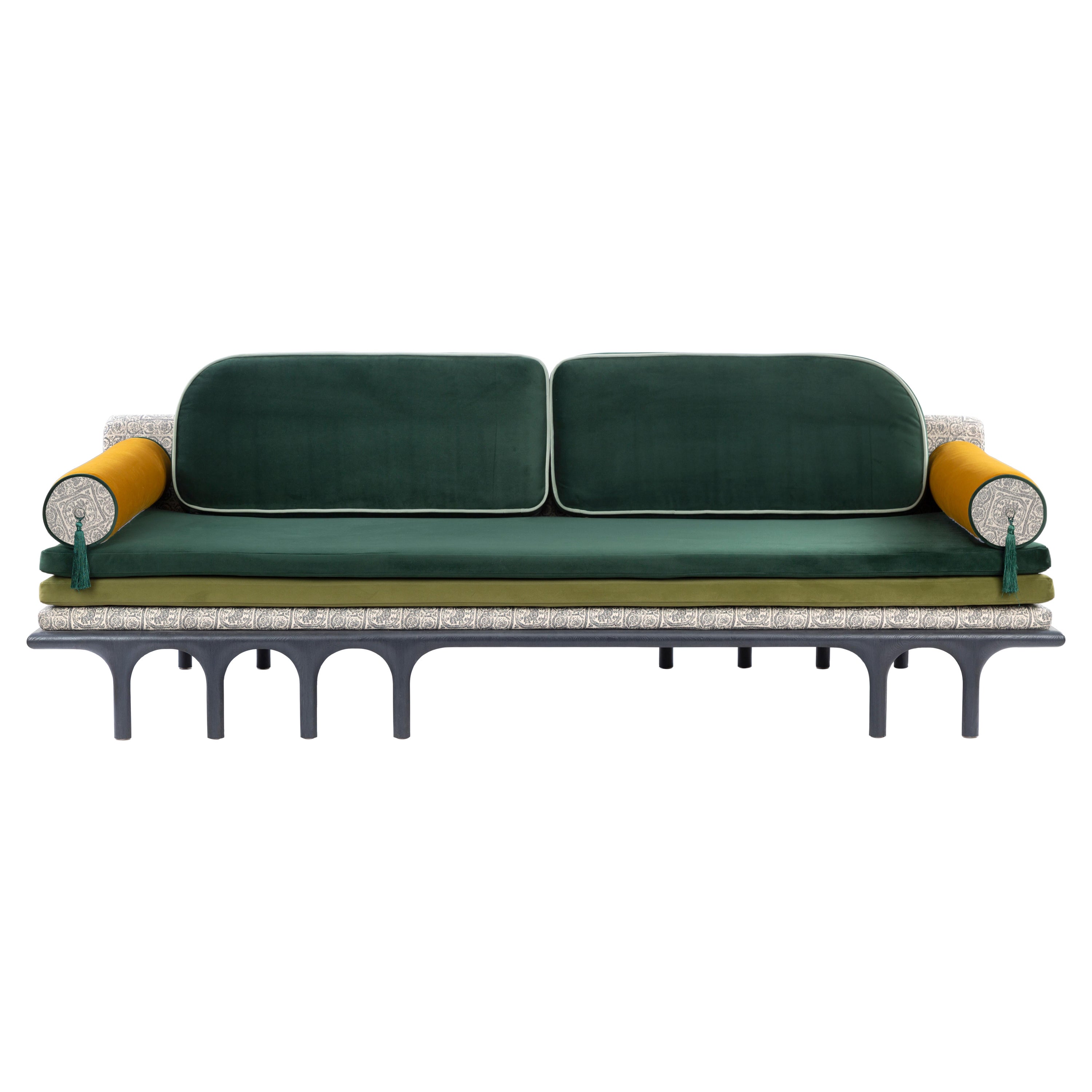 Charcoal Black Hand-Carved Massive Oak Sofa with Green Velvet Upholstery For Sale