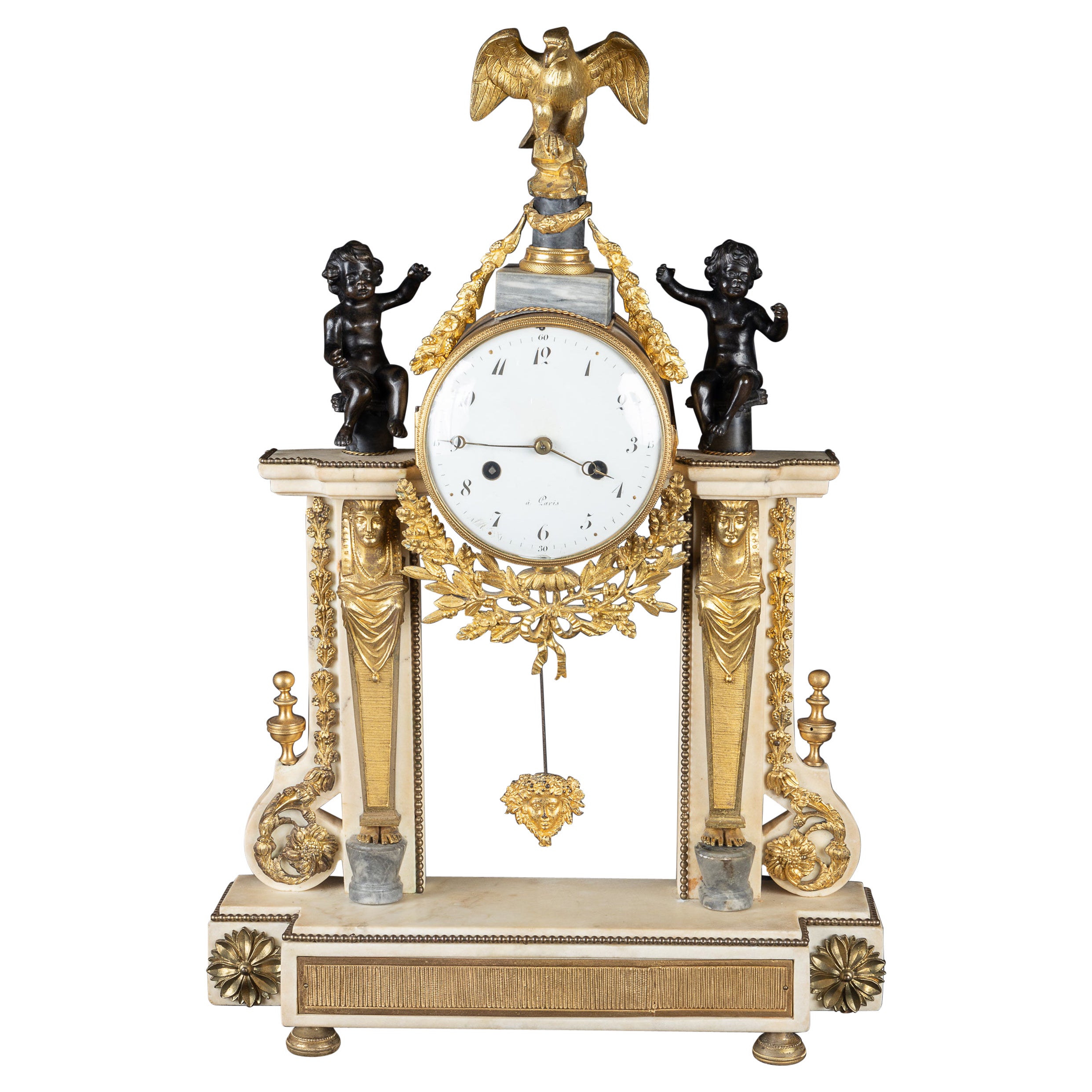 Magnificent French 19th century Empire white marble mantel clock, Bronze d'oré