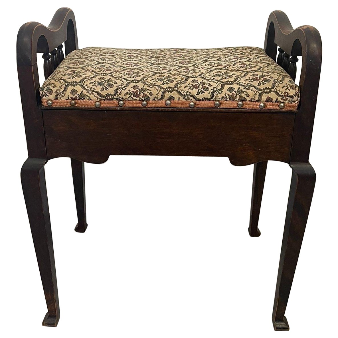 Vintage Cushioned Upholstered Stool With Storage and Wooden Frame. For Sale