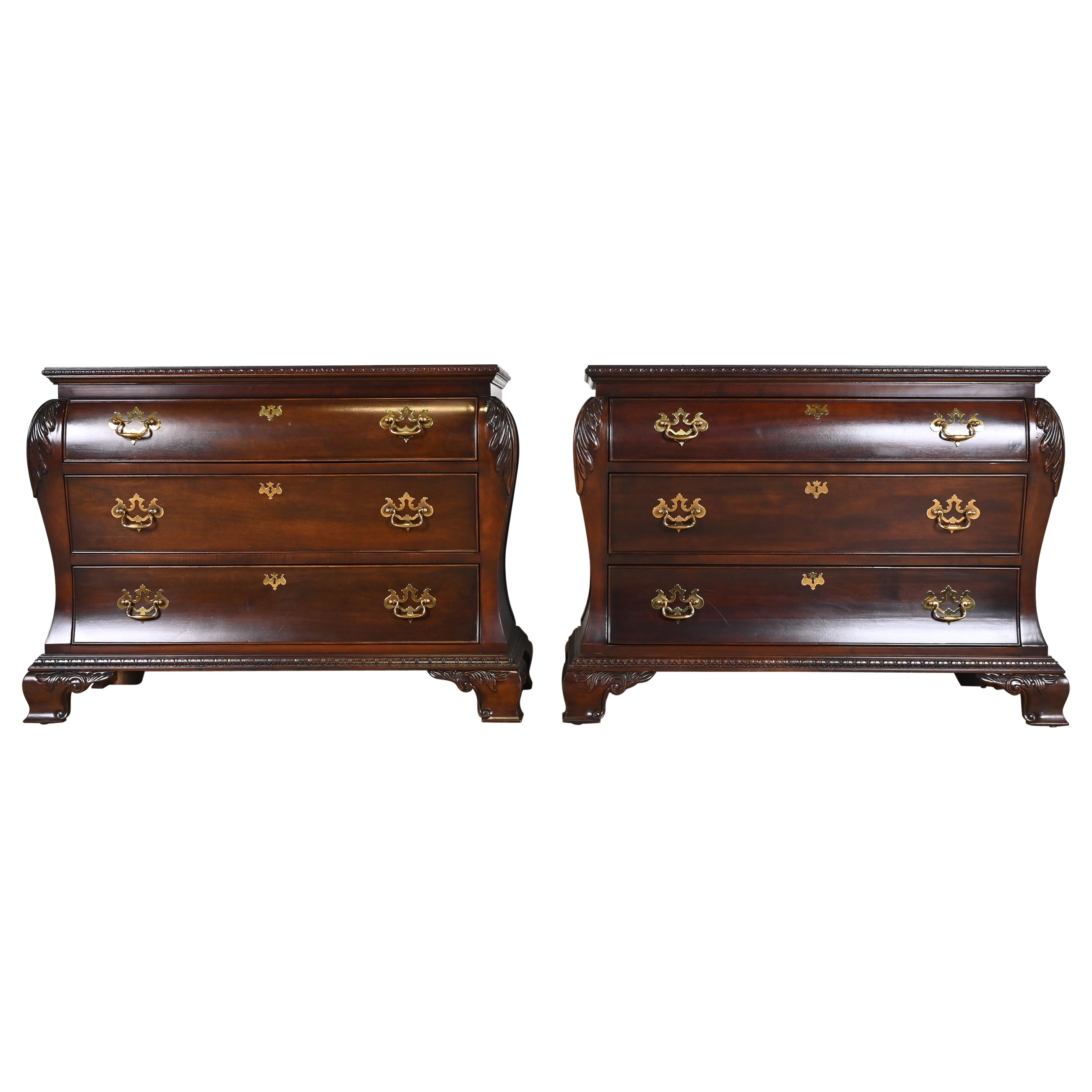 Century Furniture Georgian Carved Mahogany Bombay Dressers or Commodes, Pair For Sale