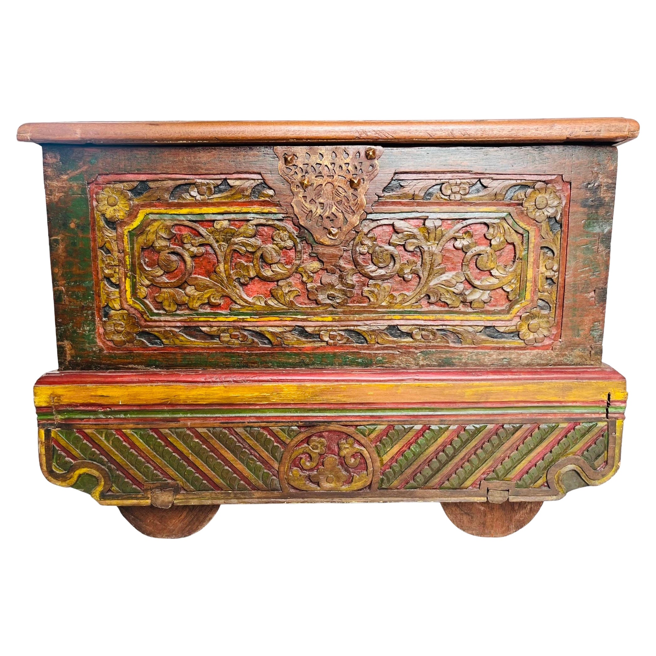 Merchant's Chest on wheels in carved and painted wood - Madura Indonesia 19th For Sale