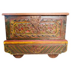 Antique Merchant's Chest on wheels in carved and painted wood - Madura Indonesia 19th