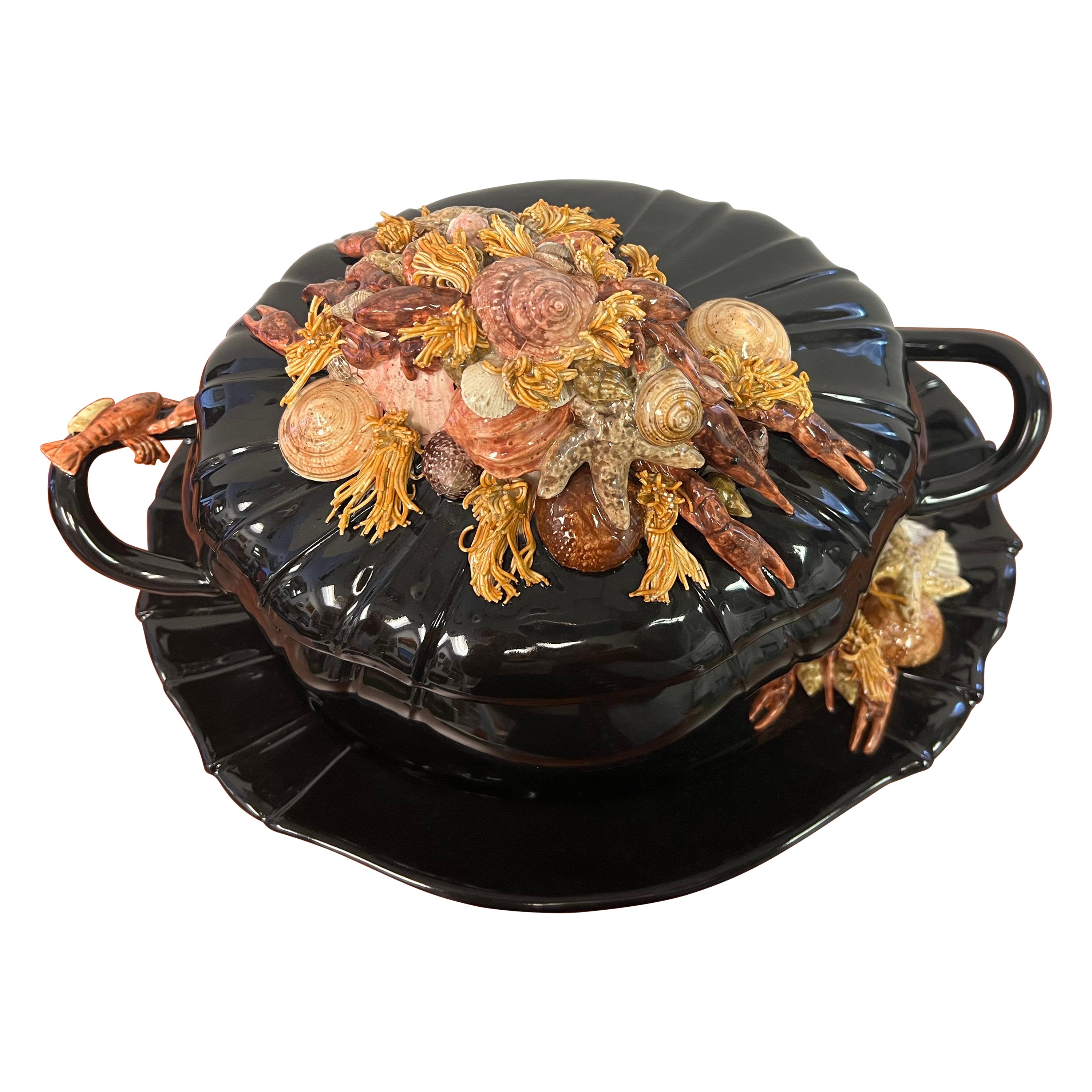 Majolica Trompe-L'œil Ceramic Shellfish Toureen With Platter - a Set of 2 For Sale