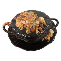 Vintage Majolica Trompe-L'œil Ceramic Shellfish Toureen With Platter - a Set of 2