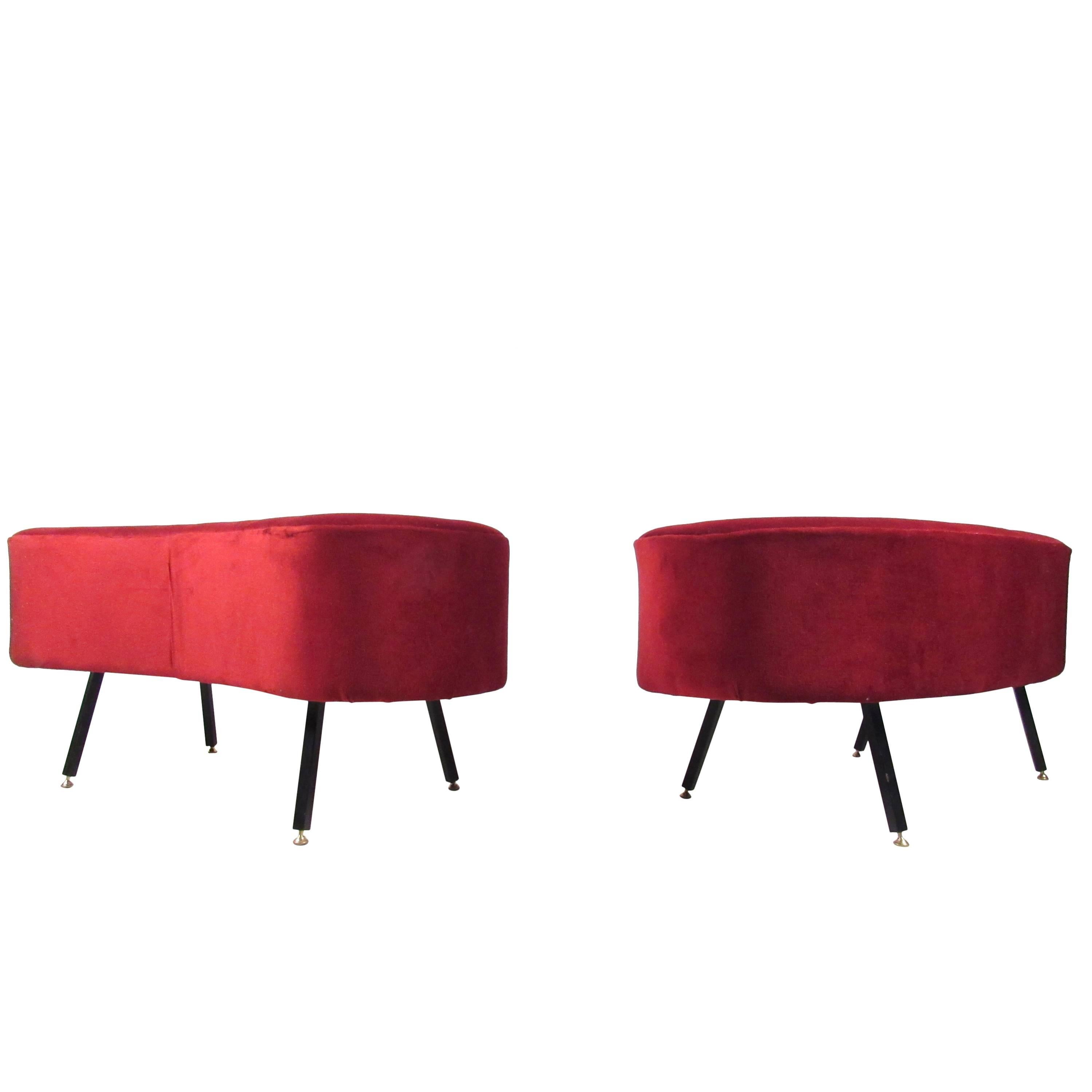 ( 1 ) Available.

This unique Italian style ottoman features a uniquely Mid-Century feel with it's elegant red upholstery and metal legs. Listing is for one stool, although two are available. Please contact for details and to confirm item location
