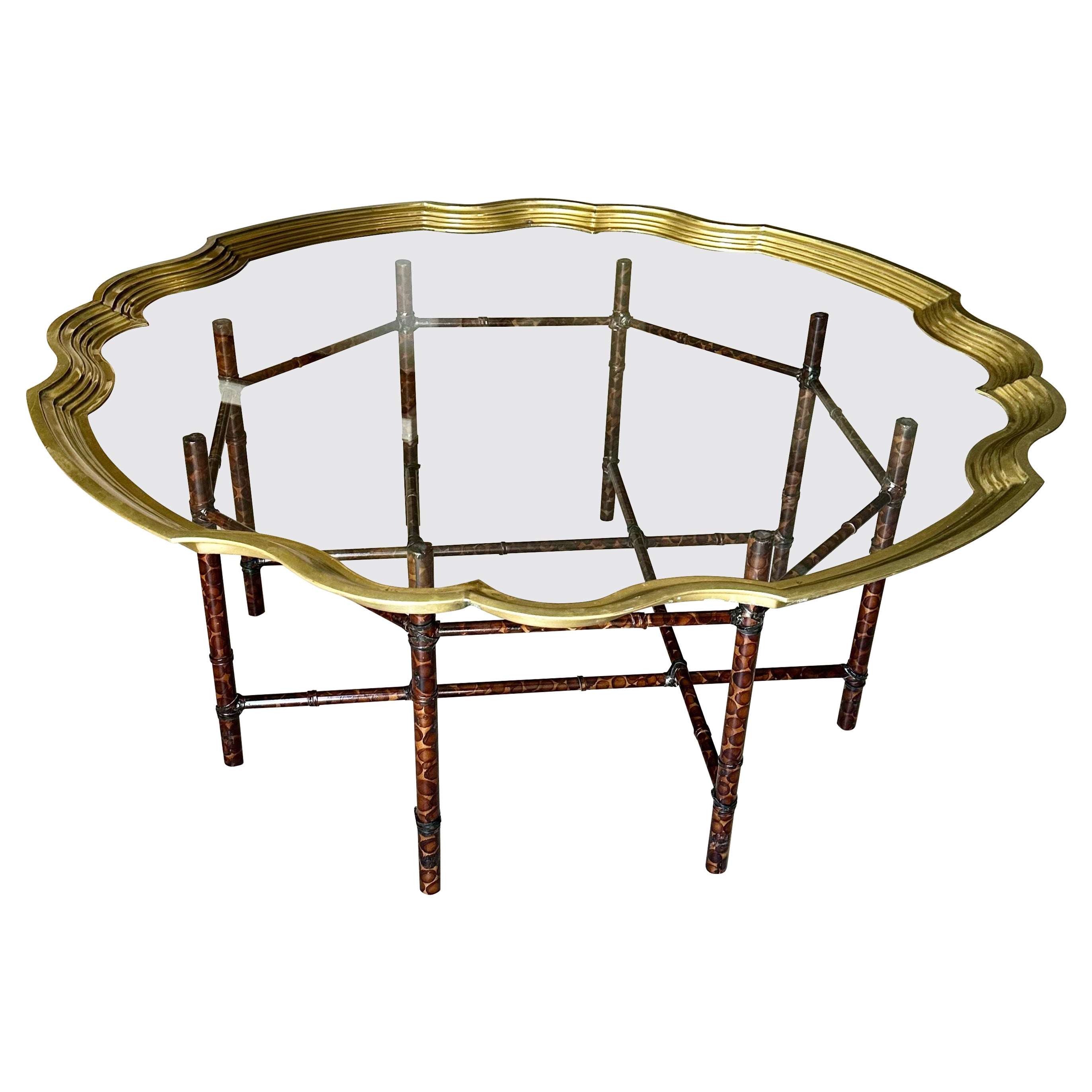 Faux Bamboo Tortoise Shell Round Glass Cocktail Coffee Table