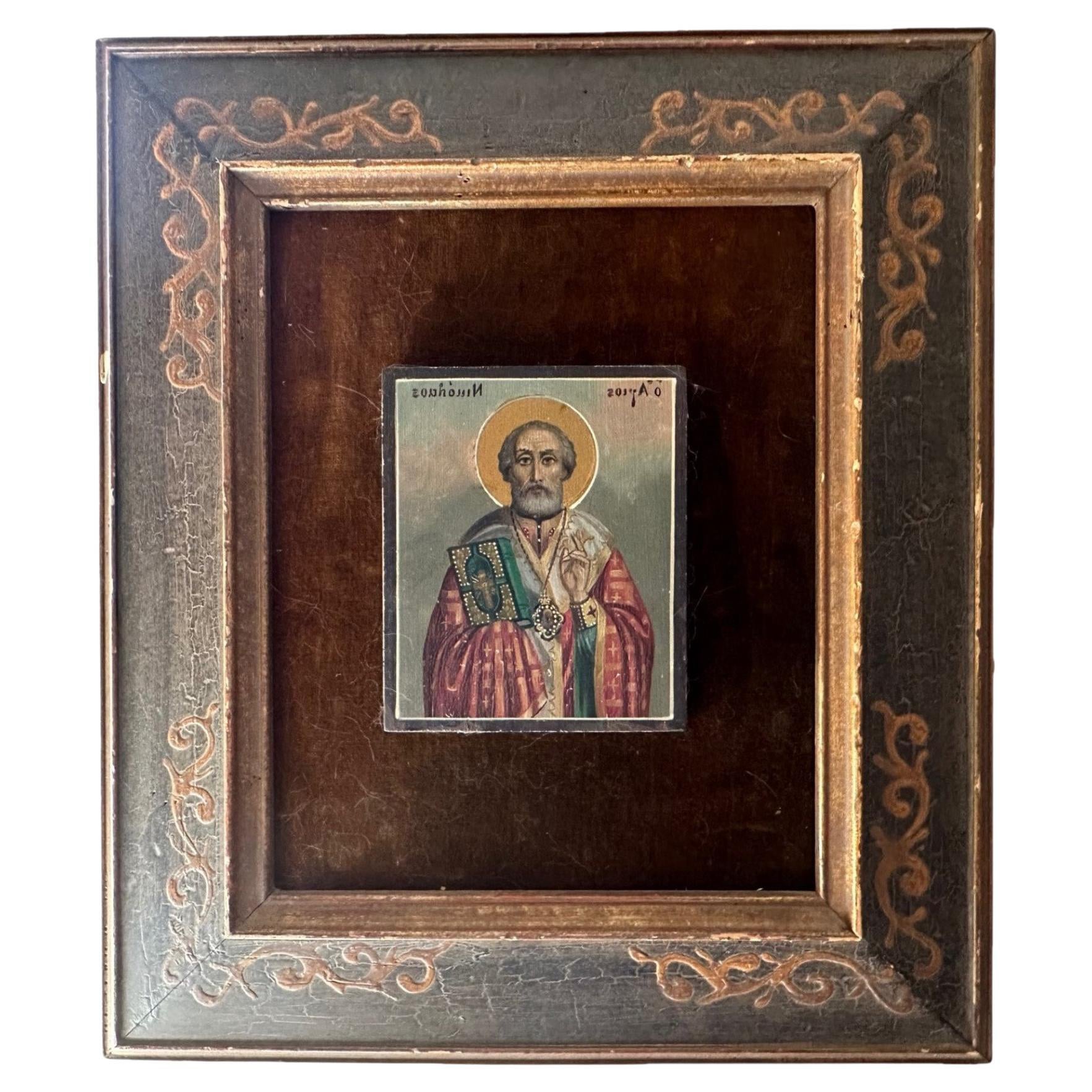 Handbemalte Saint Nicholas Icon,orthodoxe Kirche, Vintage im Angebot