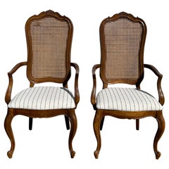 Retro Pair of Thomasville French Provincial Cane Back Dining Arm Chairs