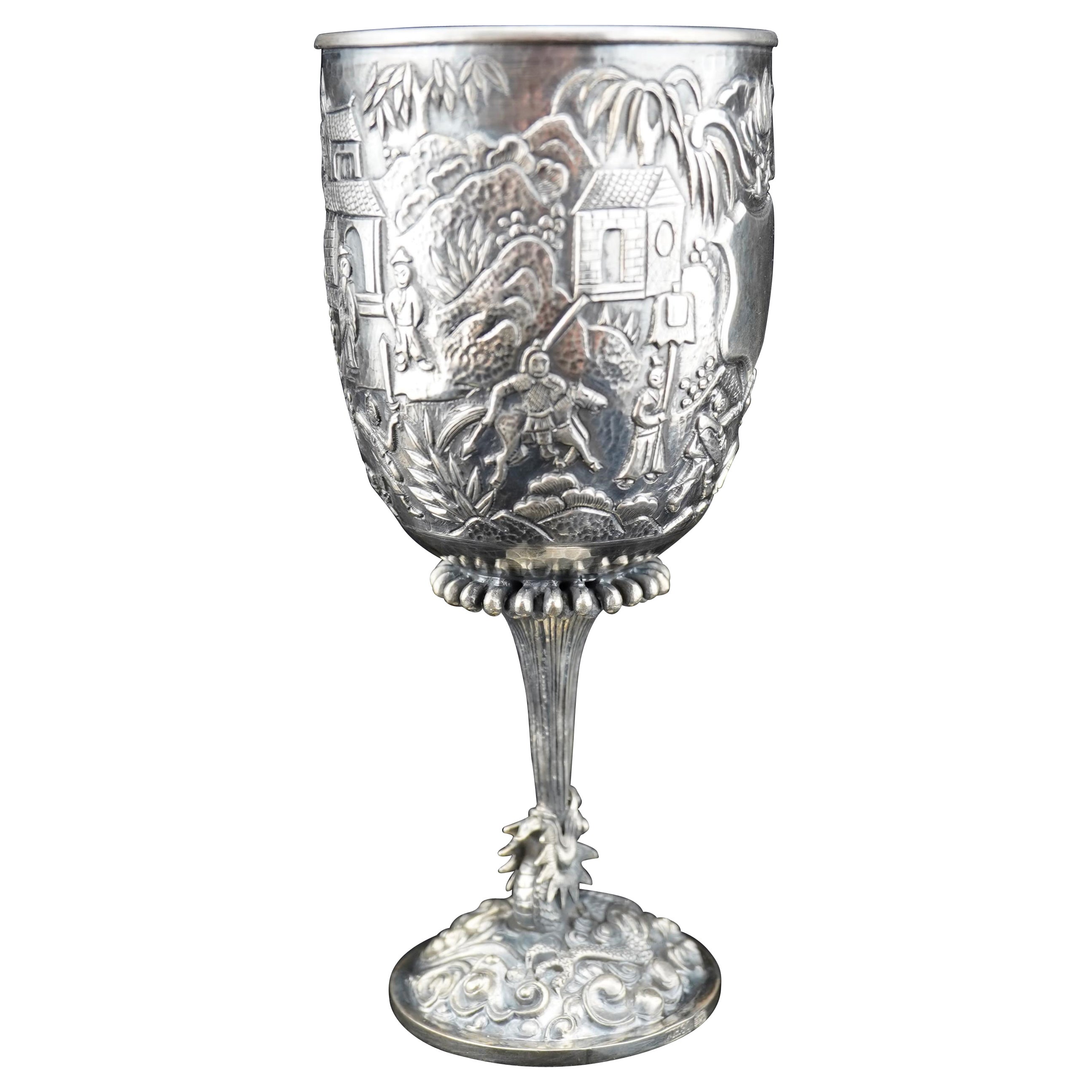 Chinese Silver Repousse and Cast Goblet by Wang Hing. For Sale