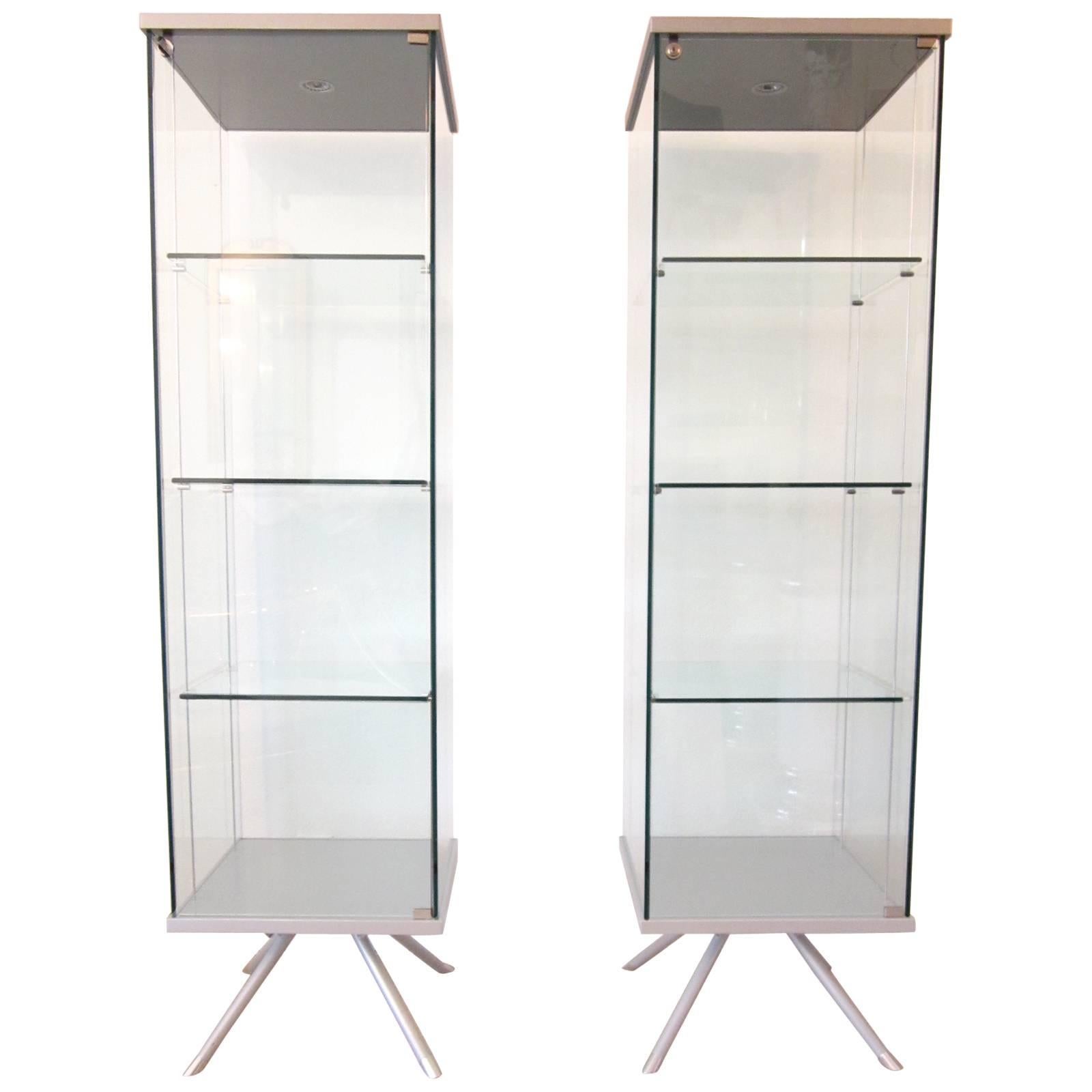 Pair of Italian Glass and Metal Lighted Vitrines with Suspended Glass Shelves   