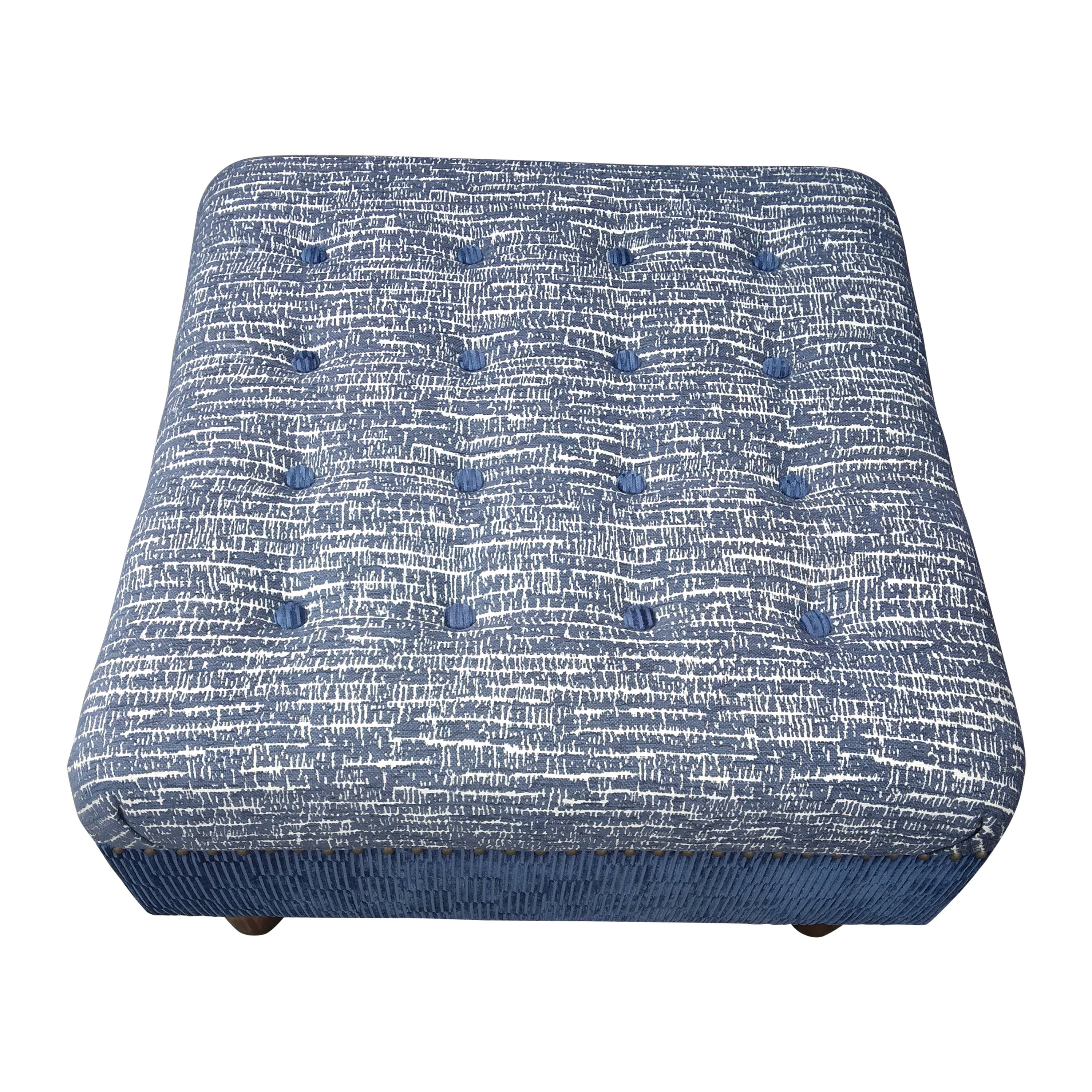 Contemporary Tufted Ottoman in Textured Blue Chenille For Sale