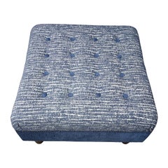 Contemporary Tufted Ottoman in Textured Blue Chenille