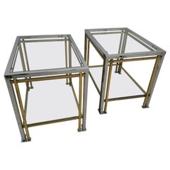 Vintage Pair of Gold Metal and Chrome Side Tables with Glass Top