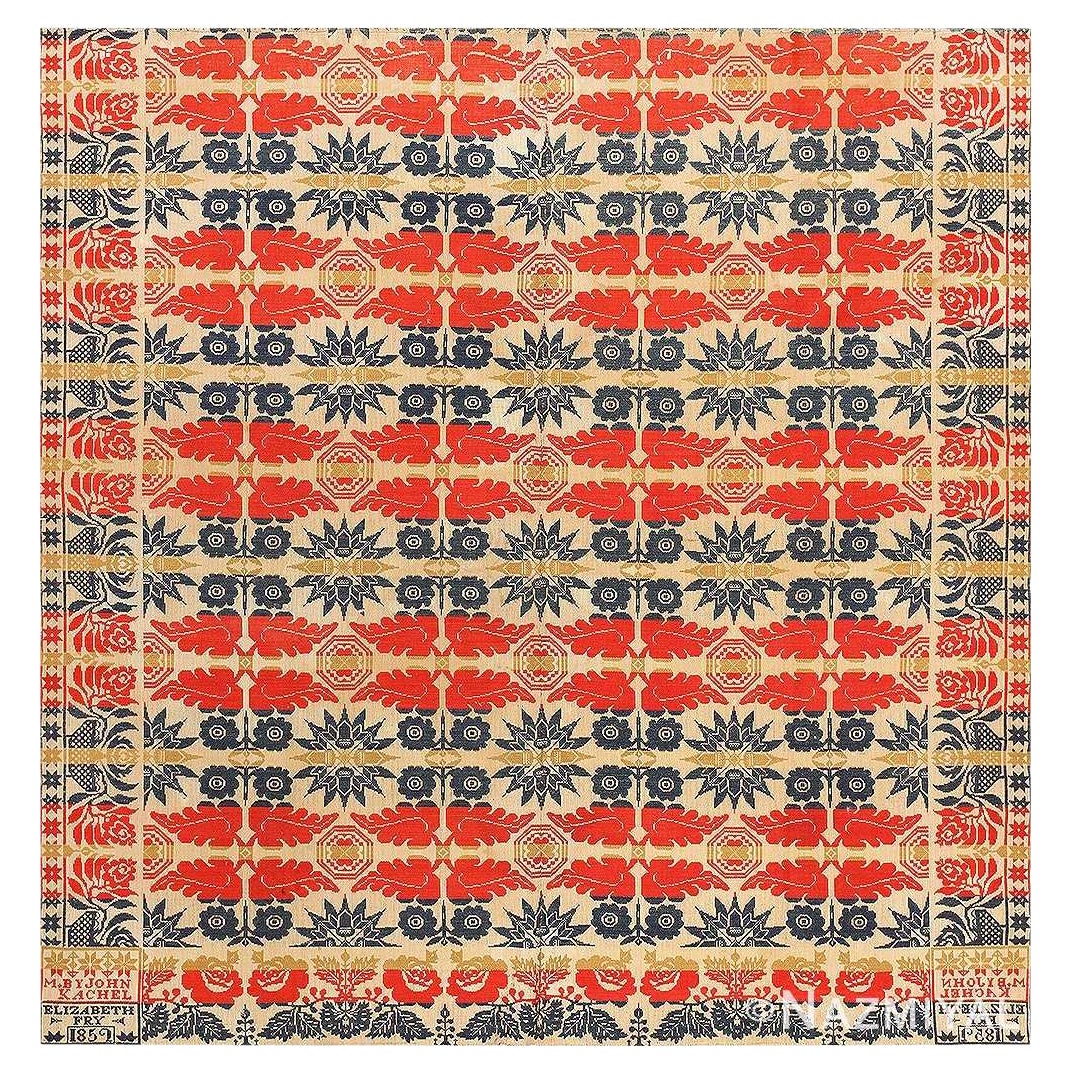 Abrashed Antique American Ingrain Coverlet Textile by John Kachel 6'5" x 6'6" For Sale