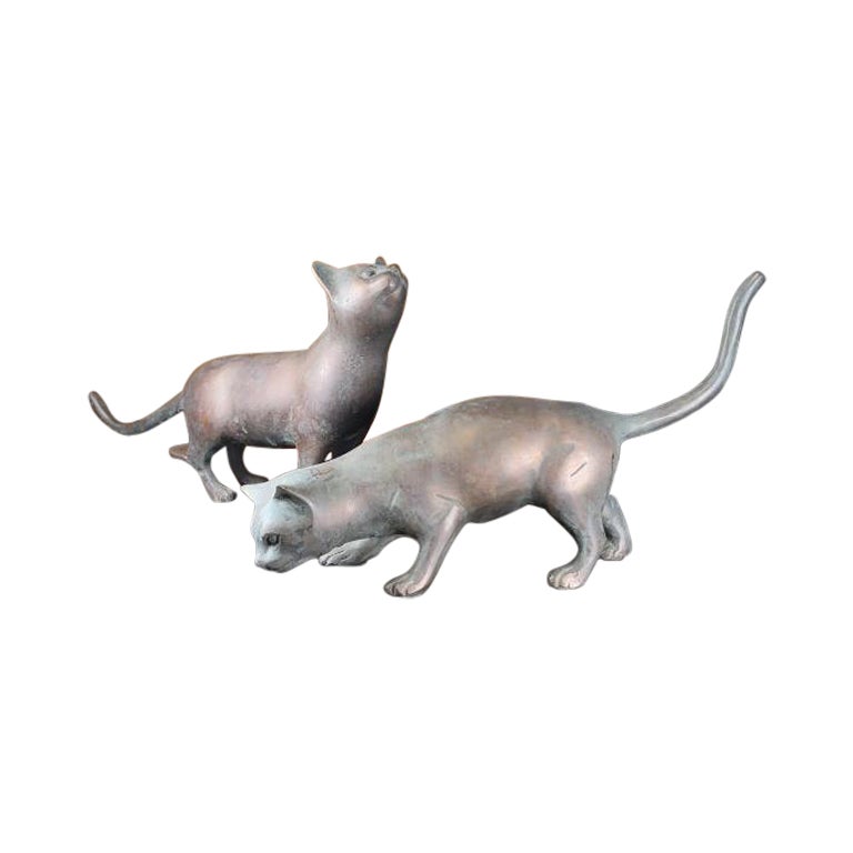 Japanese Antique Bronze Cats Pair Hand Cast With Playful Pose For Sale