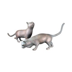 Japanese Used Bronze Cats Pair Hand Cast With Playful Pose