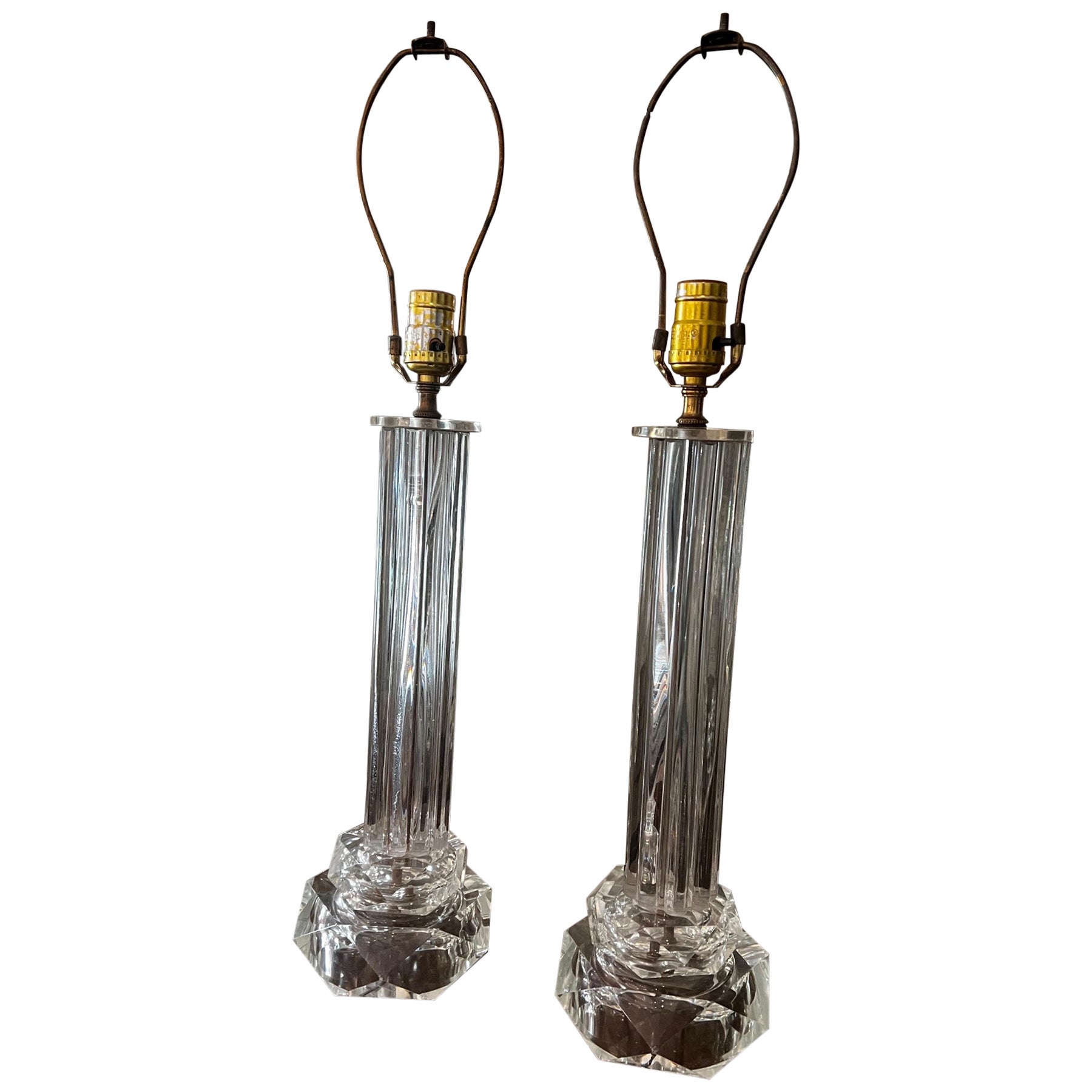 Pair of Karl Springer Style Stacked Lucite and Glass Table Lamps - Vintage For Sale