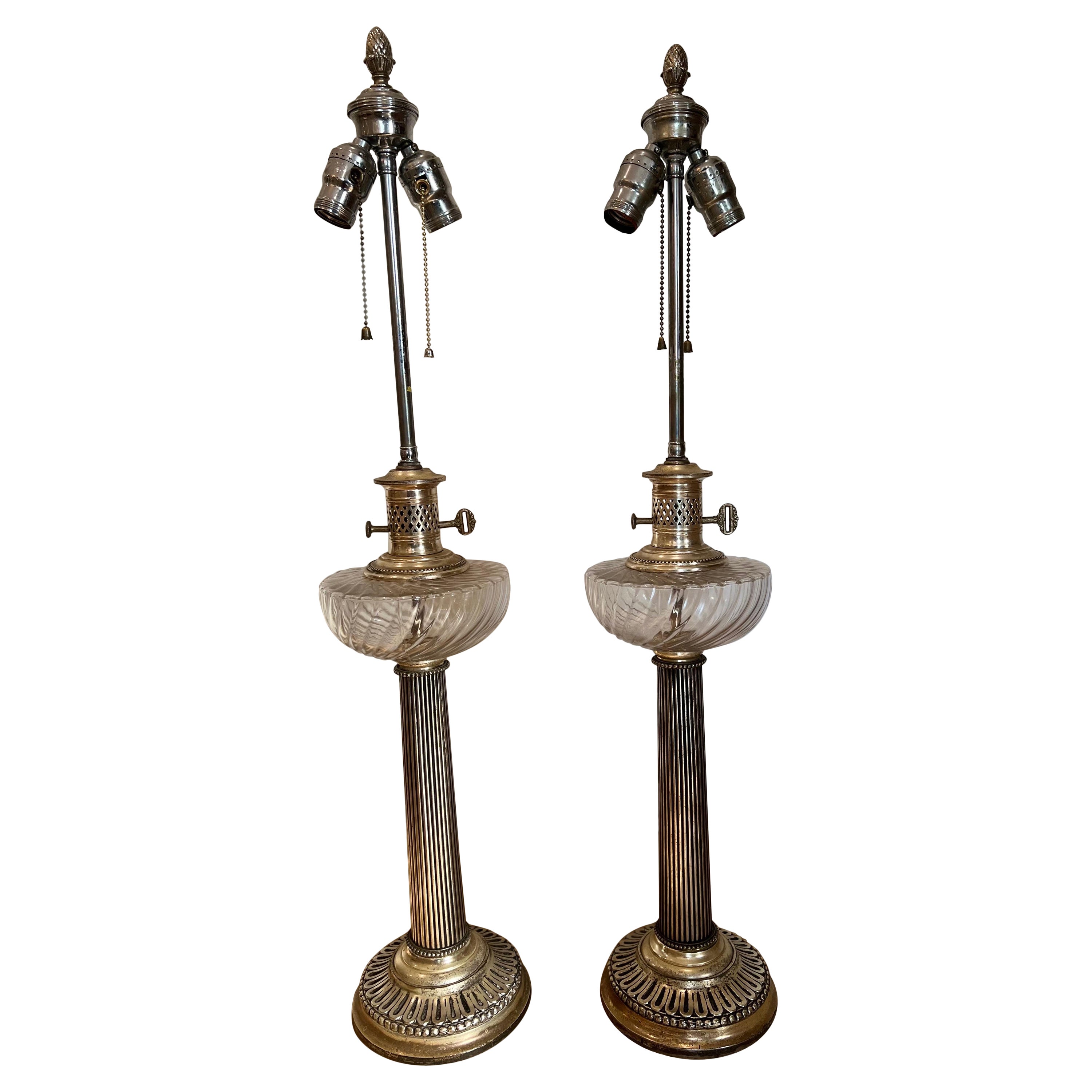 Pair of English Adam Silver Plated Empire Column Table Lamps For Sale