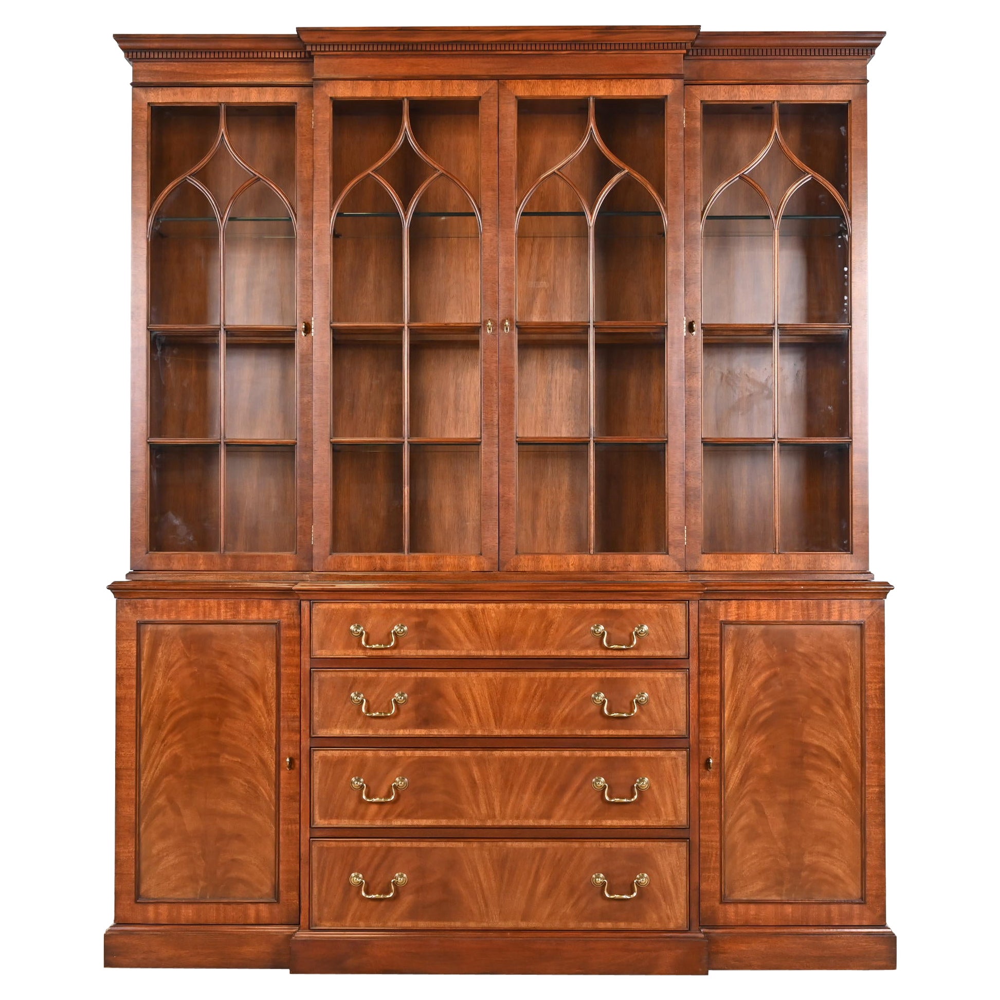 Henkel Harris Georgian Carved Flame Mahogany Lighted Breakfront Bookcase Cabinet For Sale