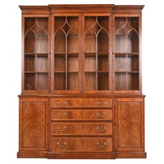 Used Henkel Harris Georgian Carved Flame Mahogany Lighted Breakfront Bookcase Cabinet