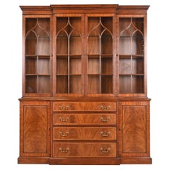 Vintage Henkel Harris Georgian Carved Flame Mahogany Lighted Breakfront Bookcase Cabinet