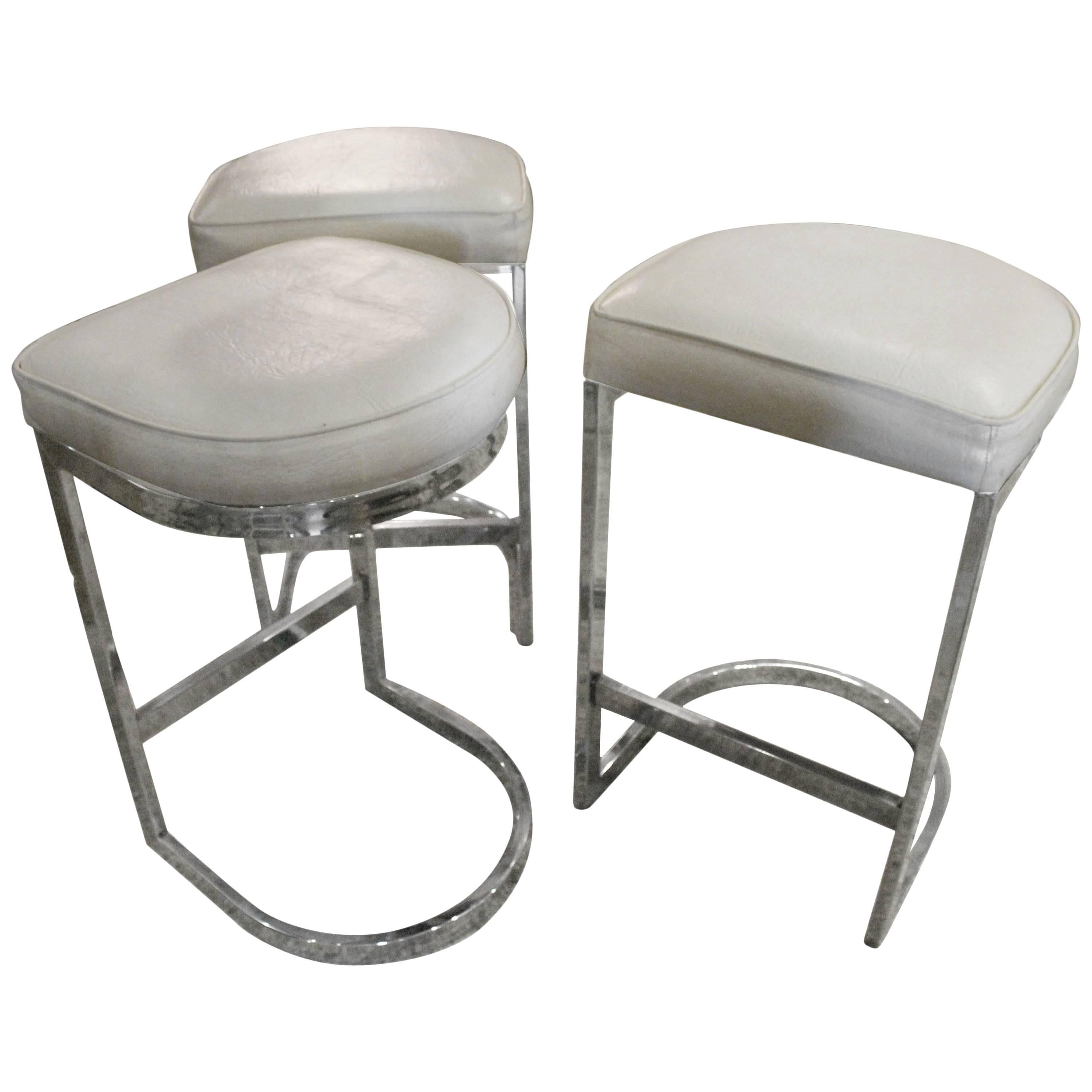Set of 3 Chrome Cantilever Bar Stools Milo Baughman Mid-Century Modern Counter