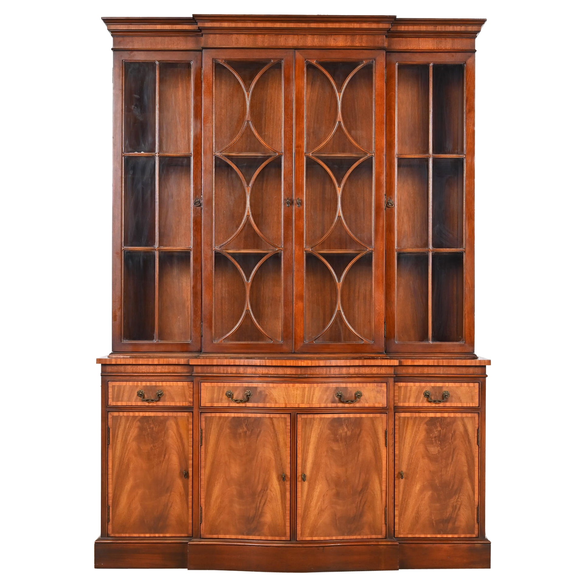 Georgian Carved Flame Mahogany Breakfront Bookcase Cabinet by Fancher, 1940s