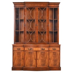 Georgian Carved Flame Mahogany Breakfront Bookcase Cabinet by Fancher, 1940s