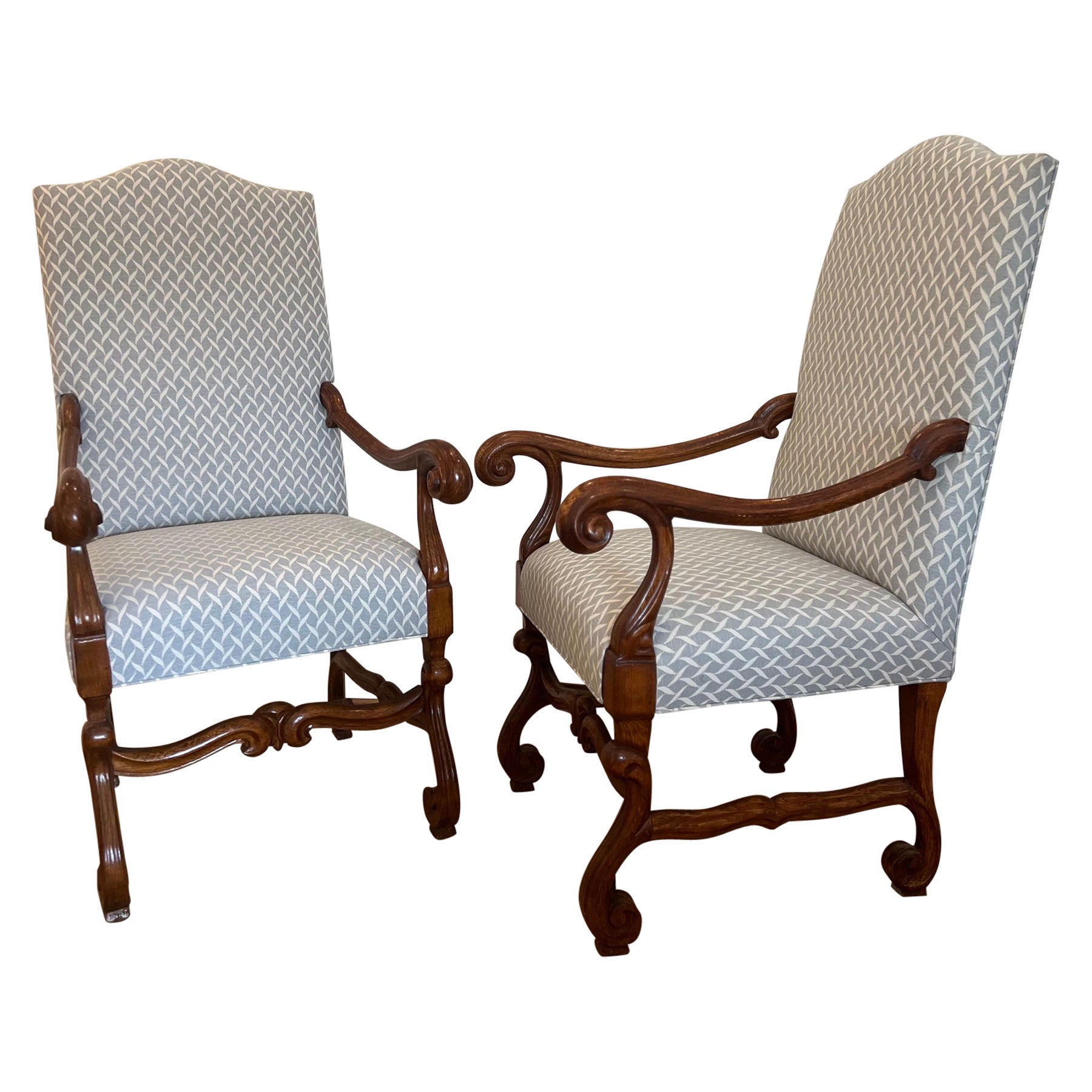 Pair of French Carved Walnut Wood Baroque Style Armchairs For Sale