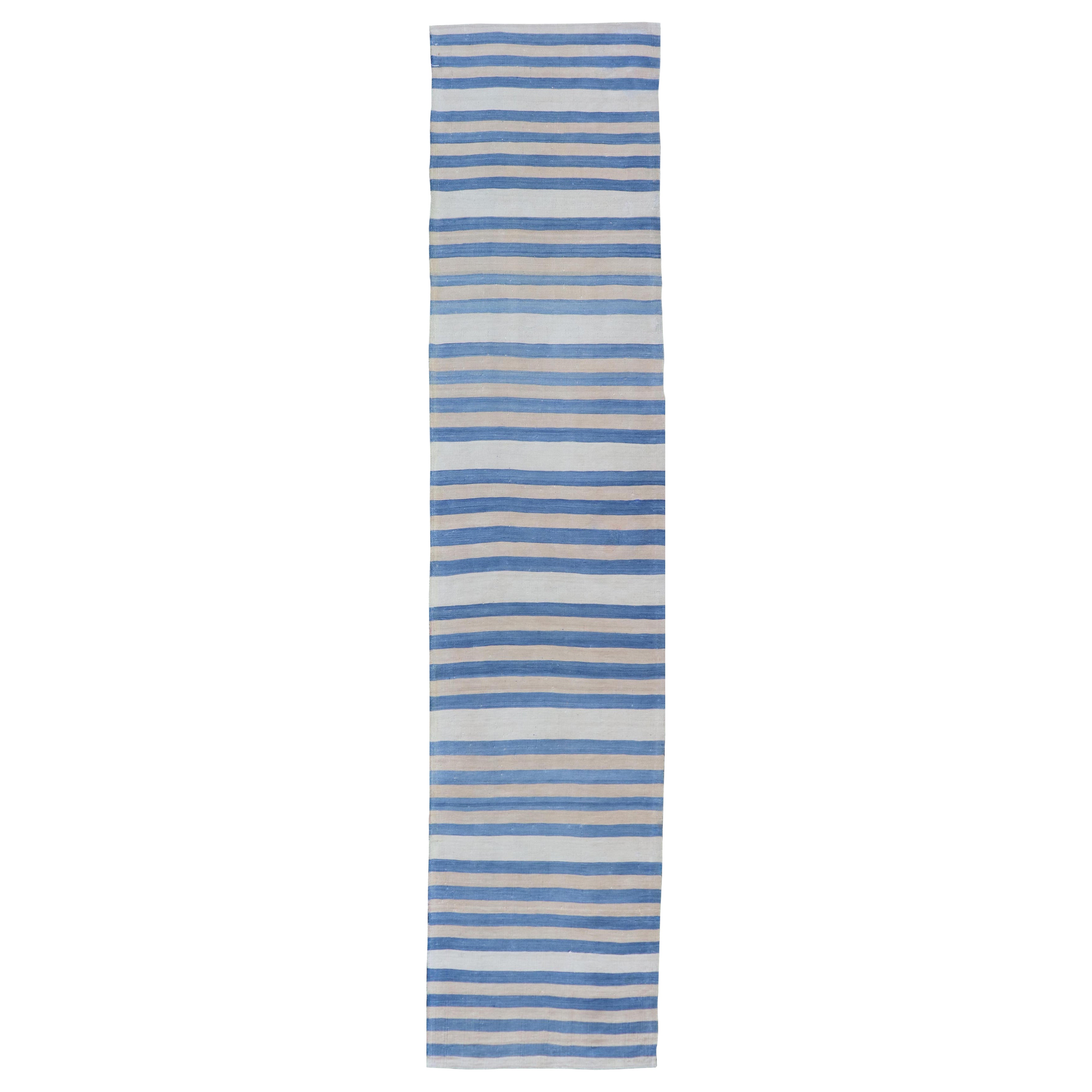 Vintage Turkish Kilim Runner In Serene Blue and Beige Stripes 2'4 x 11'7