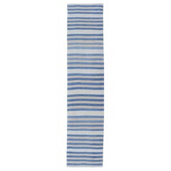 Vintage Turkish Kilim Runner In Serene Blue and Beige Stripes 2'4 x 11'7