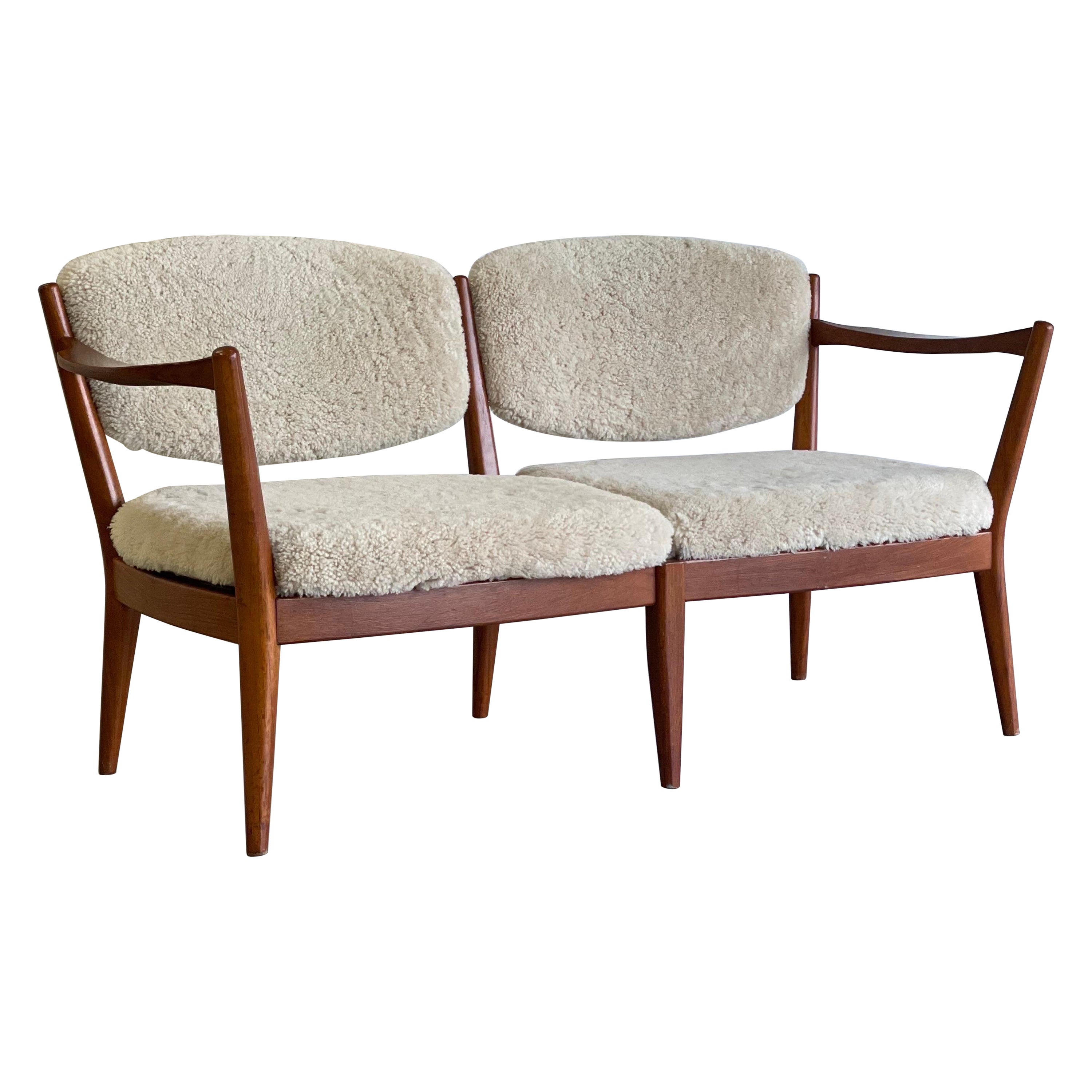 Mid - Century loveseat in sheepskin, Kaminsofa, Norway 1950s For Sale