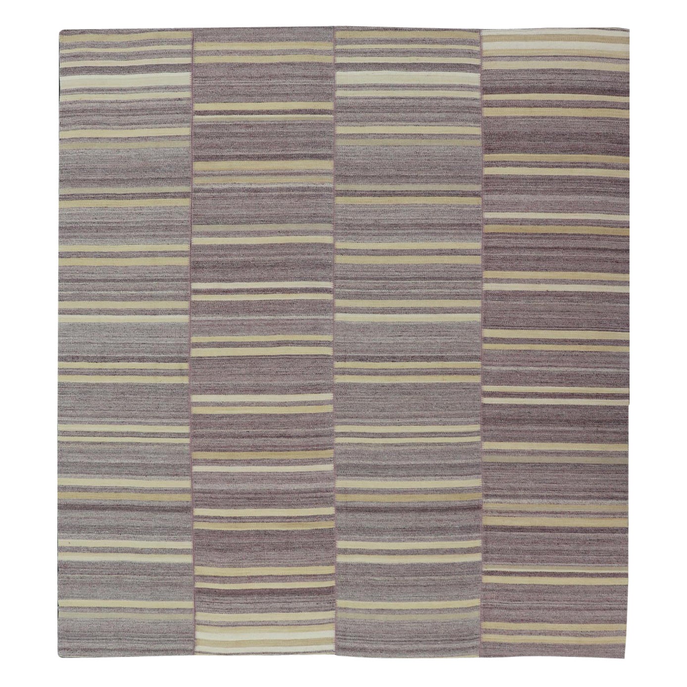 Elegant Vintage Turkish Kilim Rug with Mauve and Yellow Stripes 9'6 x 11'0 For Sale