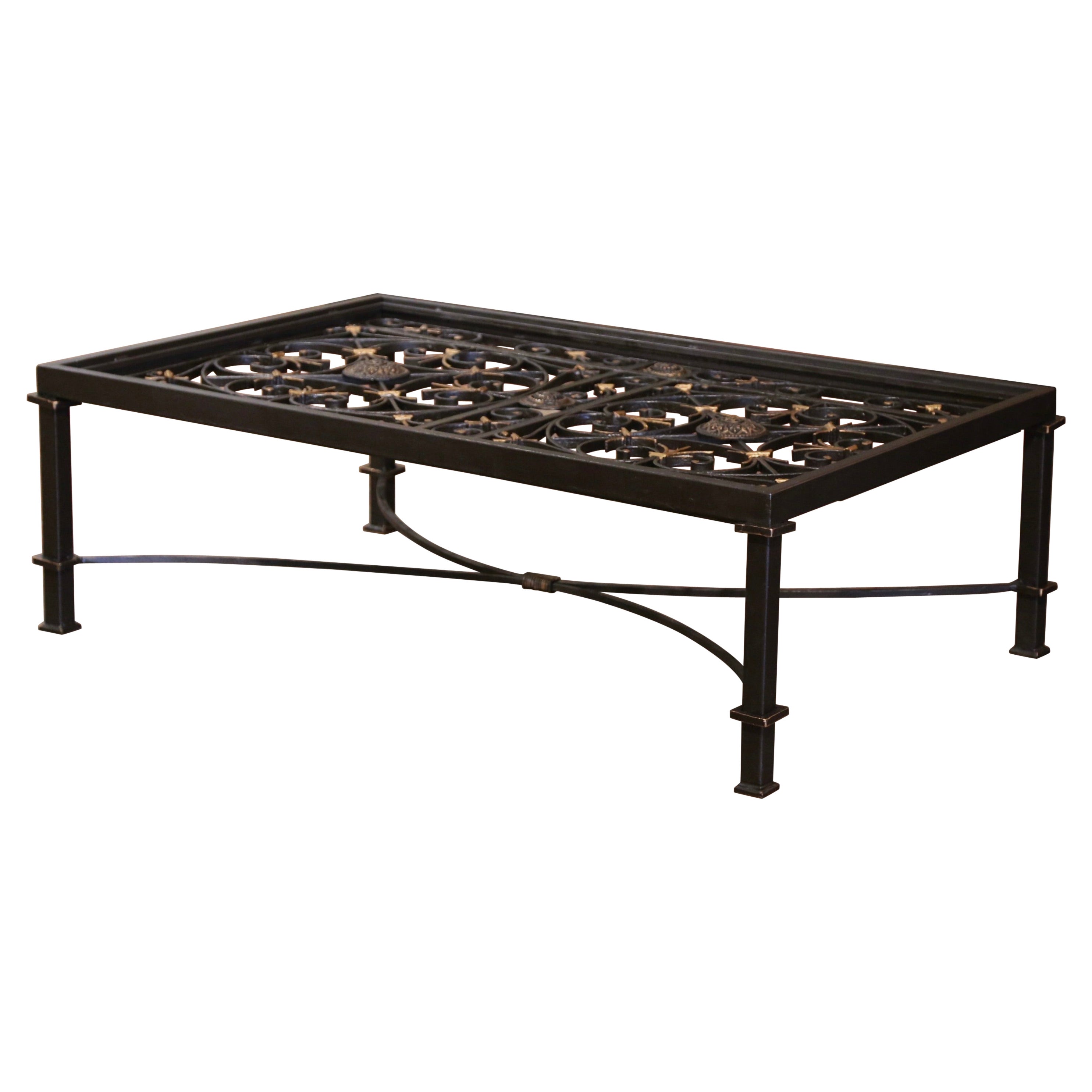 Black & Gilt Iron Coffee Table Base Built with 19th Century French Gate Balcony  For Sale