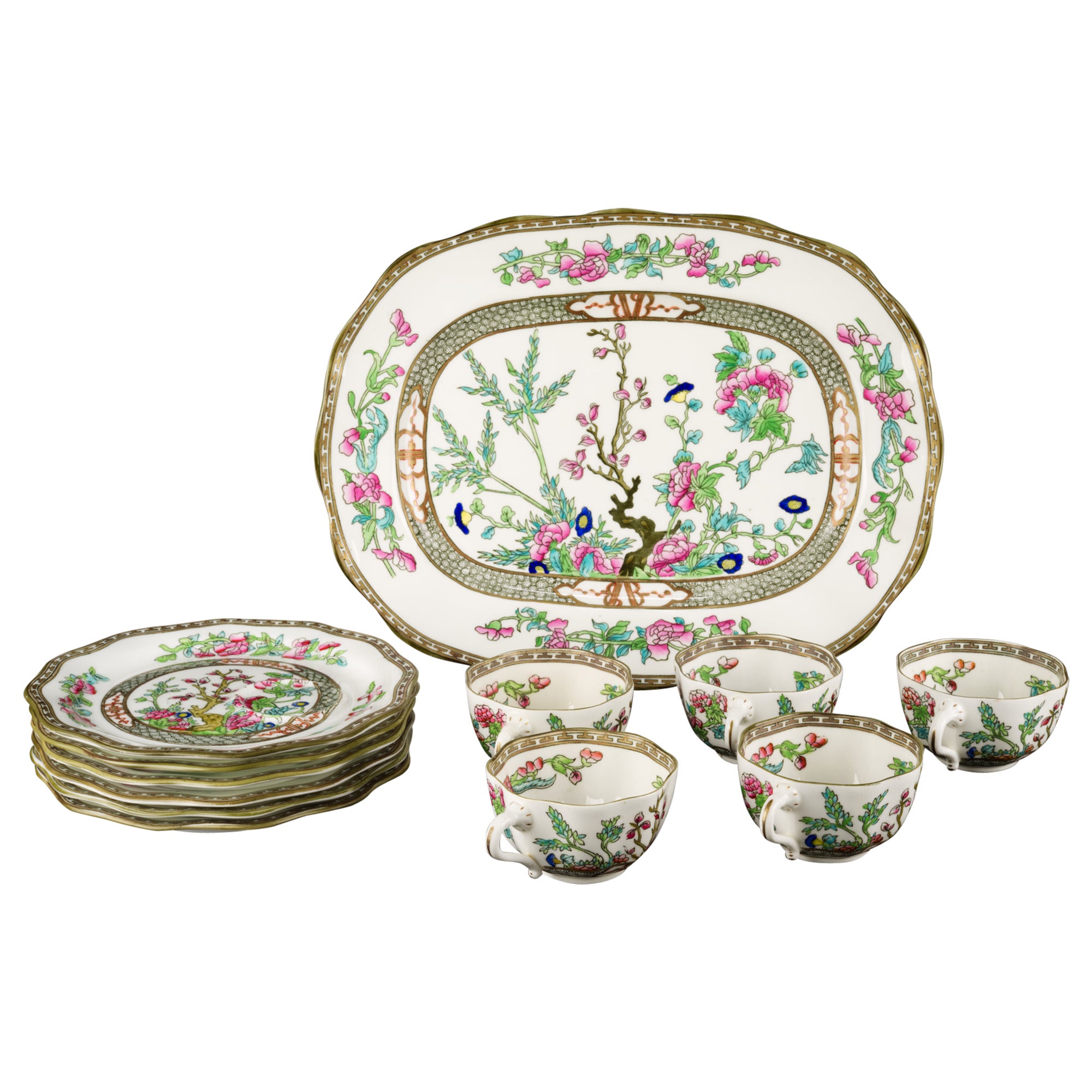 Rare Coalport England Indian Tree Set of 5 Cups with Plates and Serving Platter  For Sale