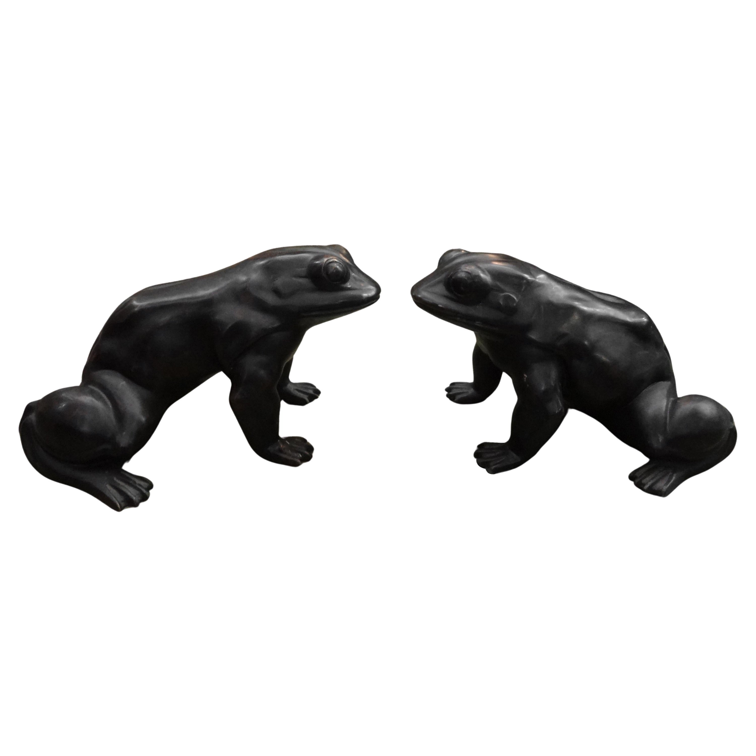 Large Pair Of Japanese Bronze Frog Sculptures