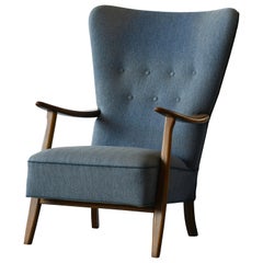 Danish 1940s Midcentury Fritz Hansen Style High Back Lounge Chair Open Armrests