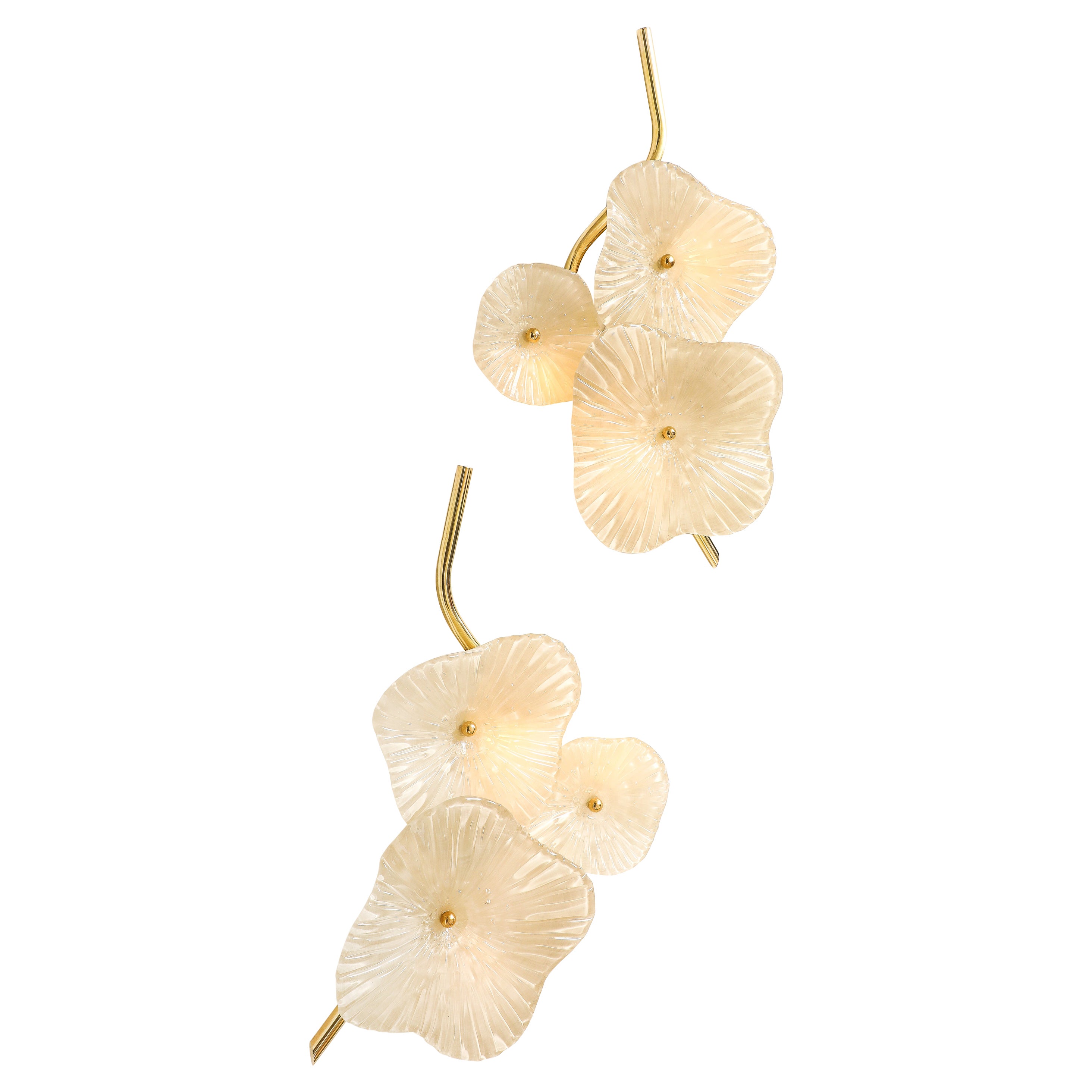  Pair of Ivory Murano "Flower" Glass and Brass Sconces, Italy For Sale
