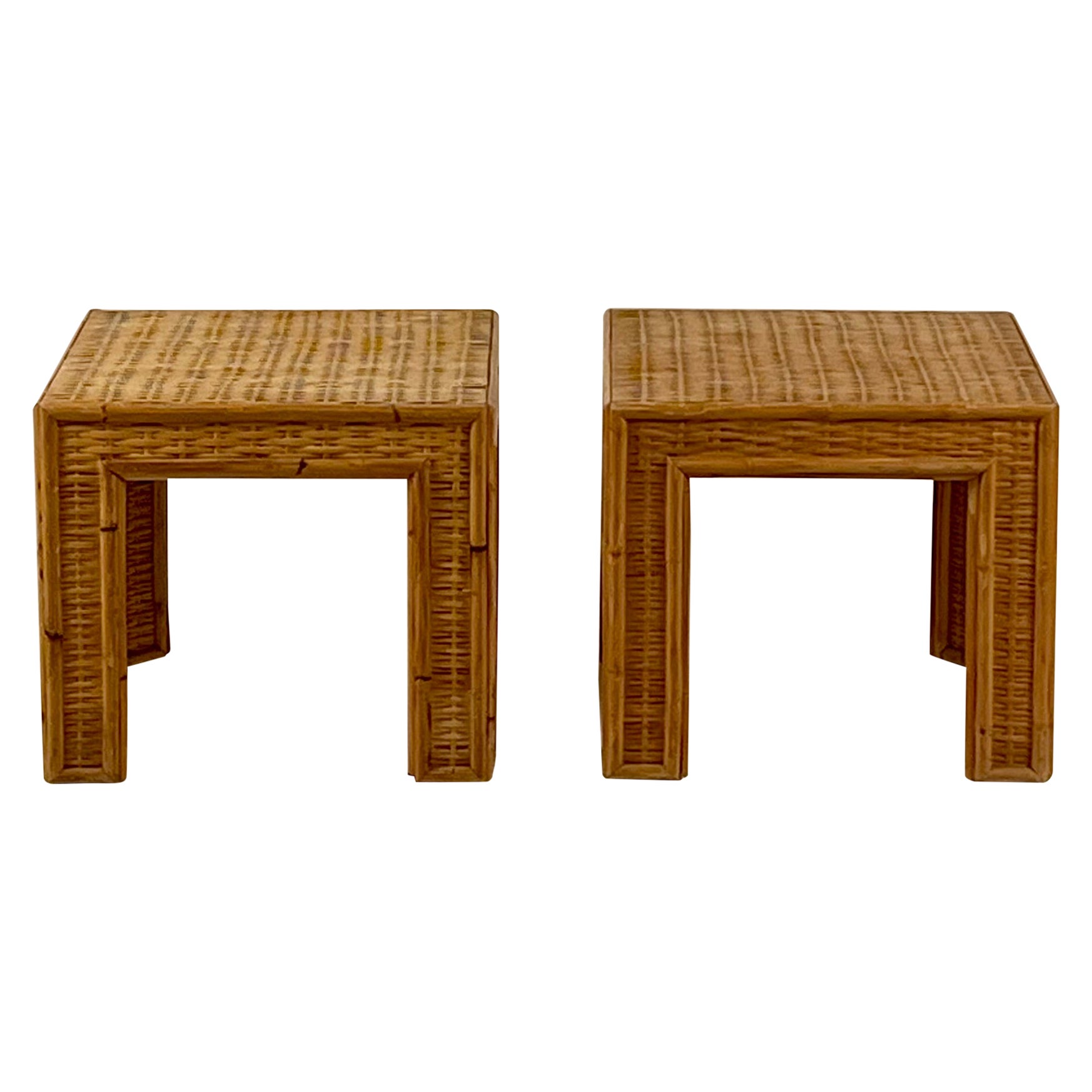 Pair of Thick Custom-Made Rattan and Wicker End Tables For Sale