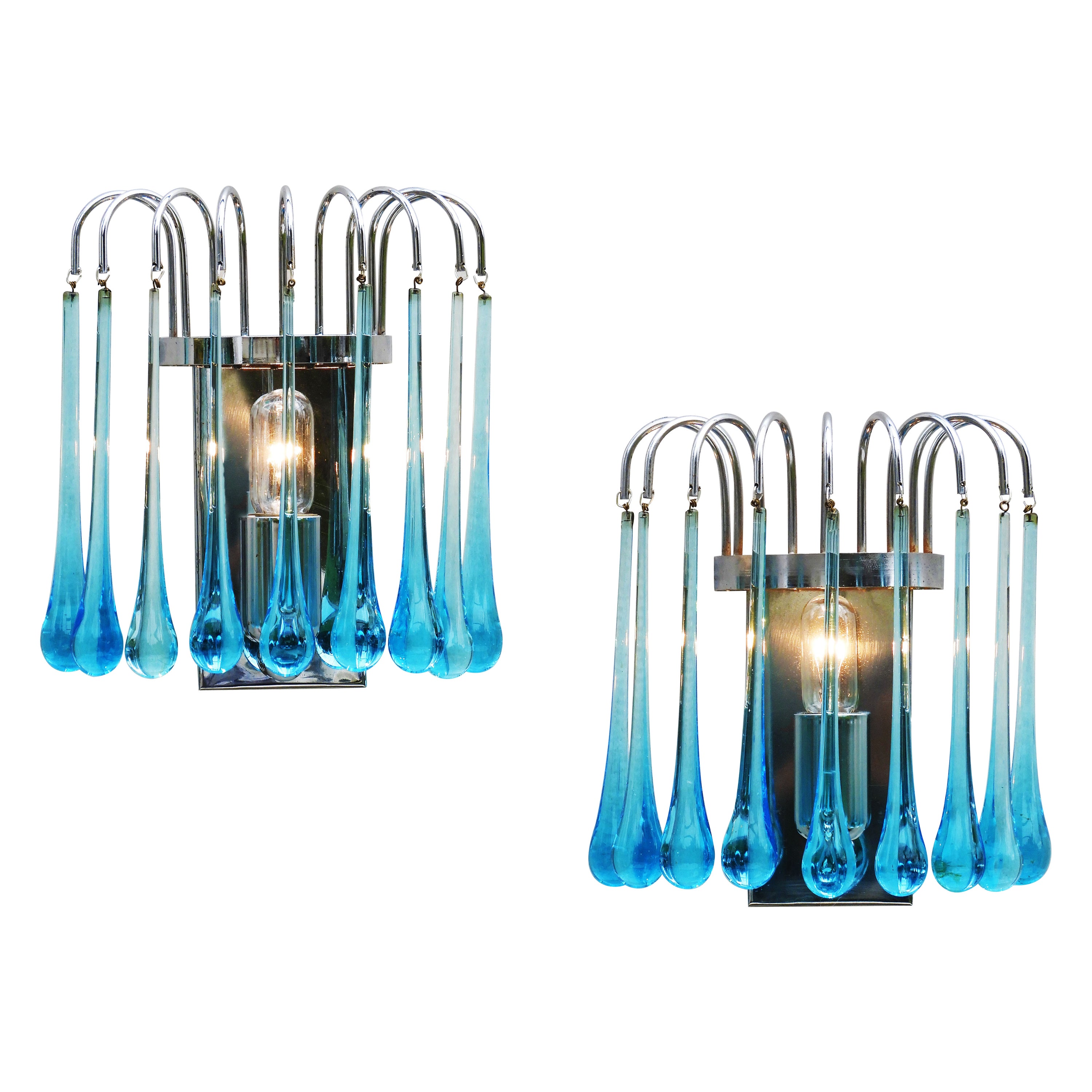 Pair of Waterfall Venini Style Wall Light Sconces Blue Murano Glass & Chrome 70s