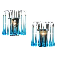 Vintage Pair of Waterfall Venini Style Wall Light Sconces Blue Murano Glass & Chrome 70s
