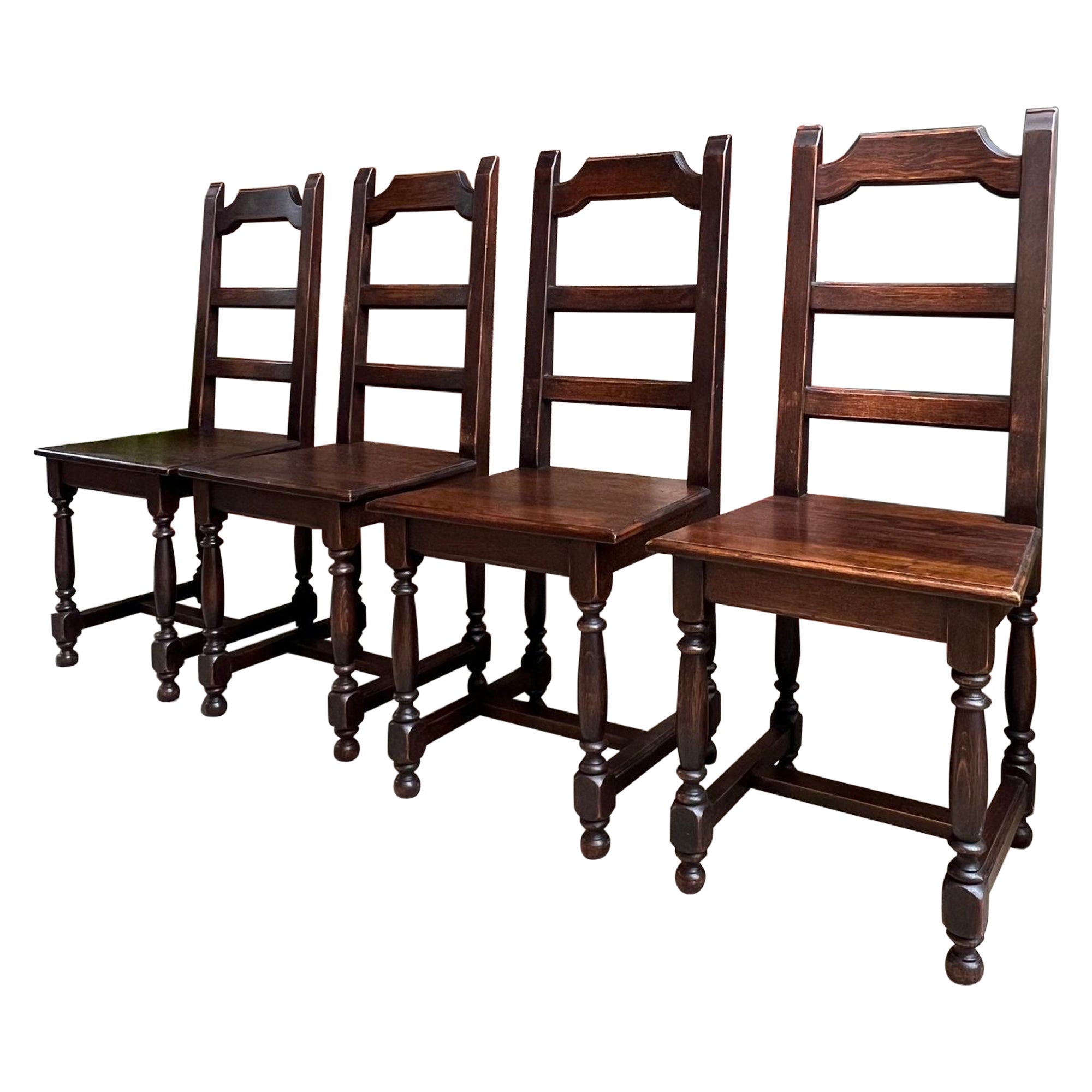 SET 4 Antique French Country Dining Chair Ladder Back Carved Dark Oak