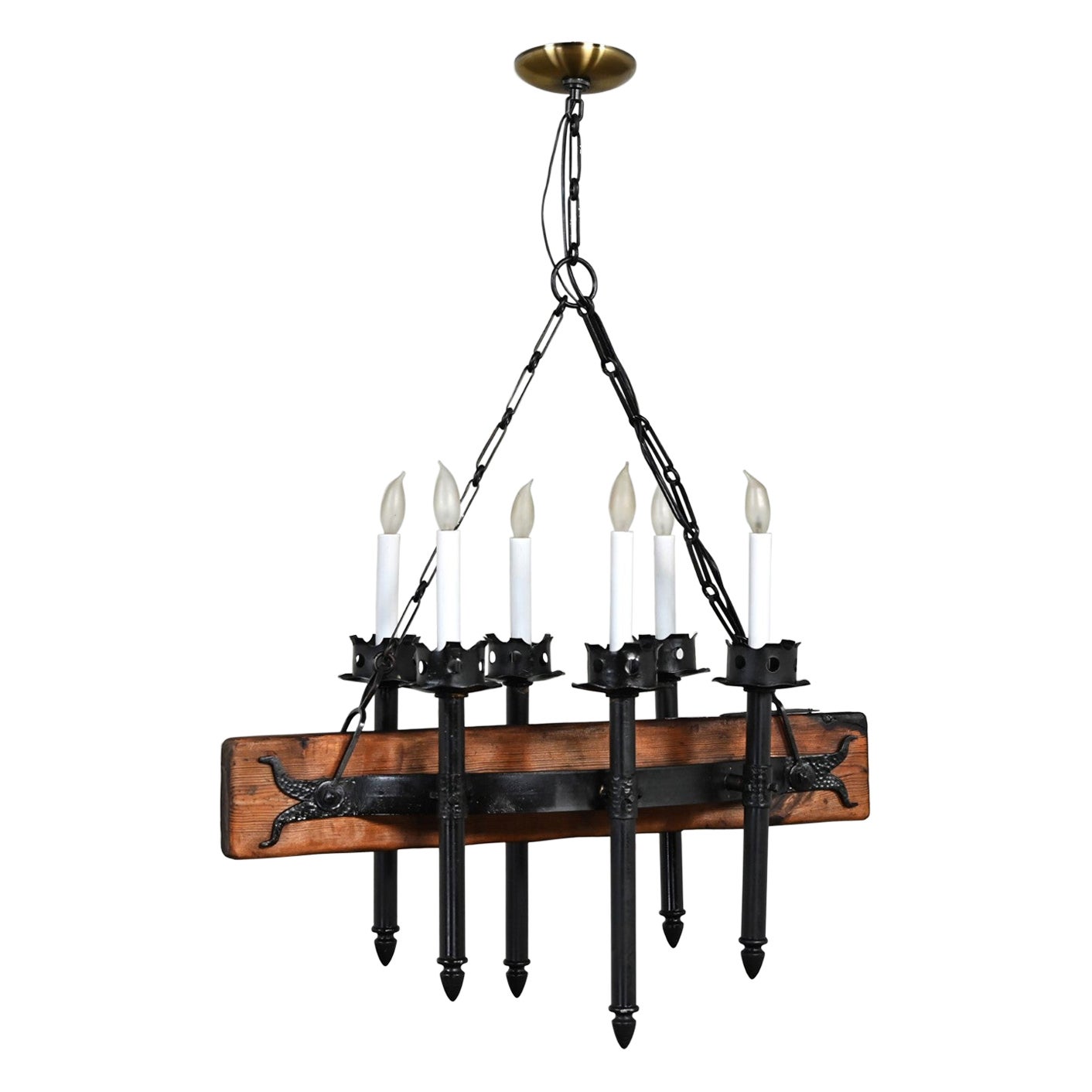 Medieval Gothic Spanish Revival Iron & Wood Beam Hanging Light Fixture Mexico